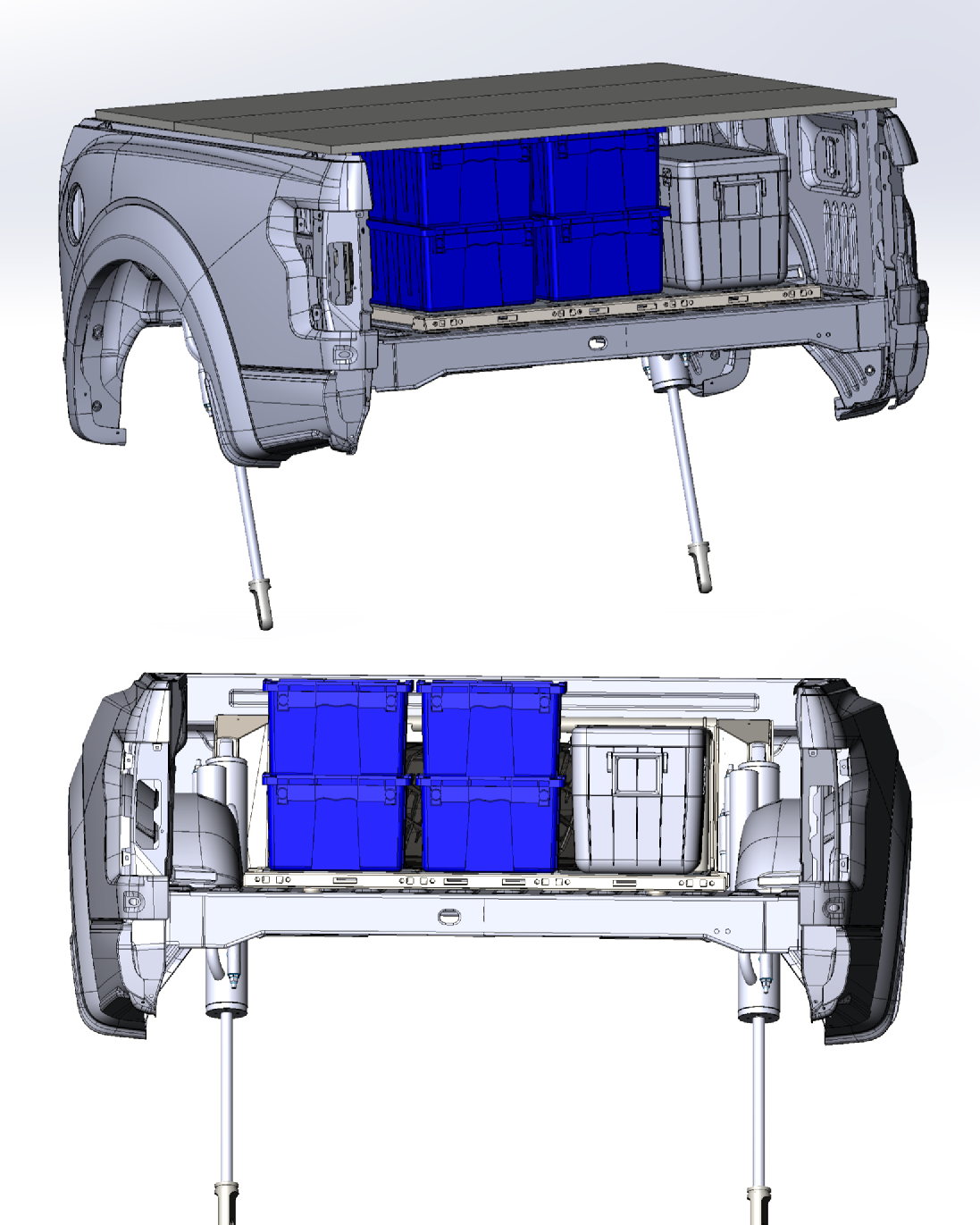 2021+ Raptor 5-Link Rear Bed Organizer designed for 3.0x16 Coil Over or 3.5x16 Bypass Shock with storage bins.