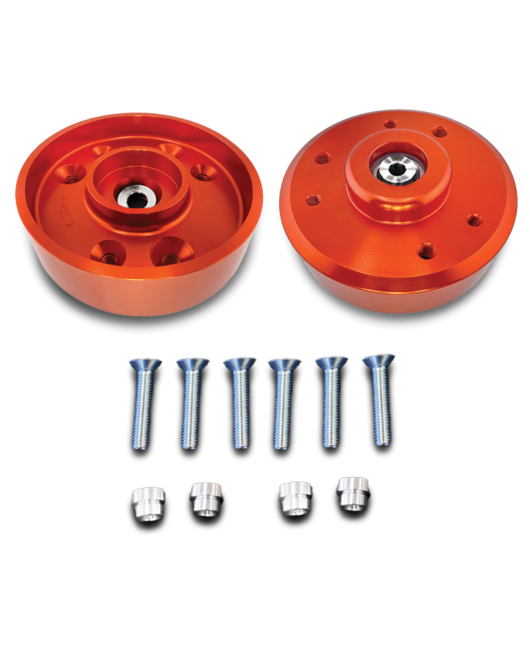 Billet top hat lift kit for 2021-2023 Raptor, includes two orange hats and six screws for stock shock installation.