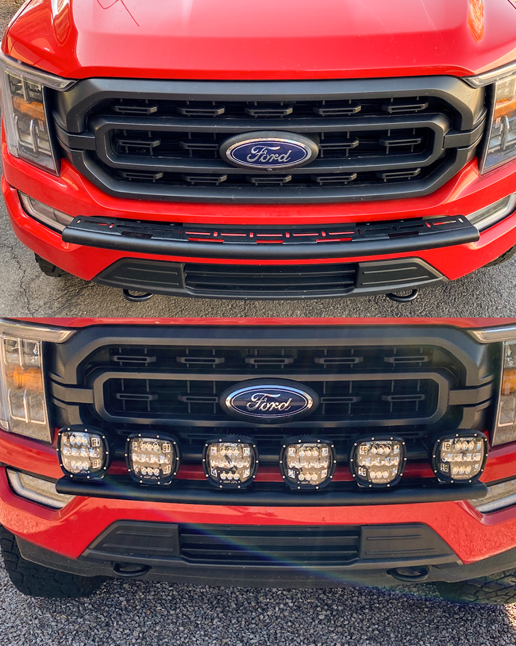 Front light mount for 2021-2023 Ford F150, showcasing installation on stock bumper with LED lights.