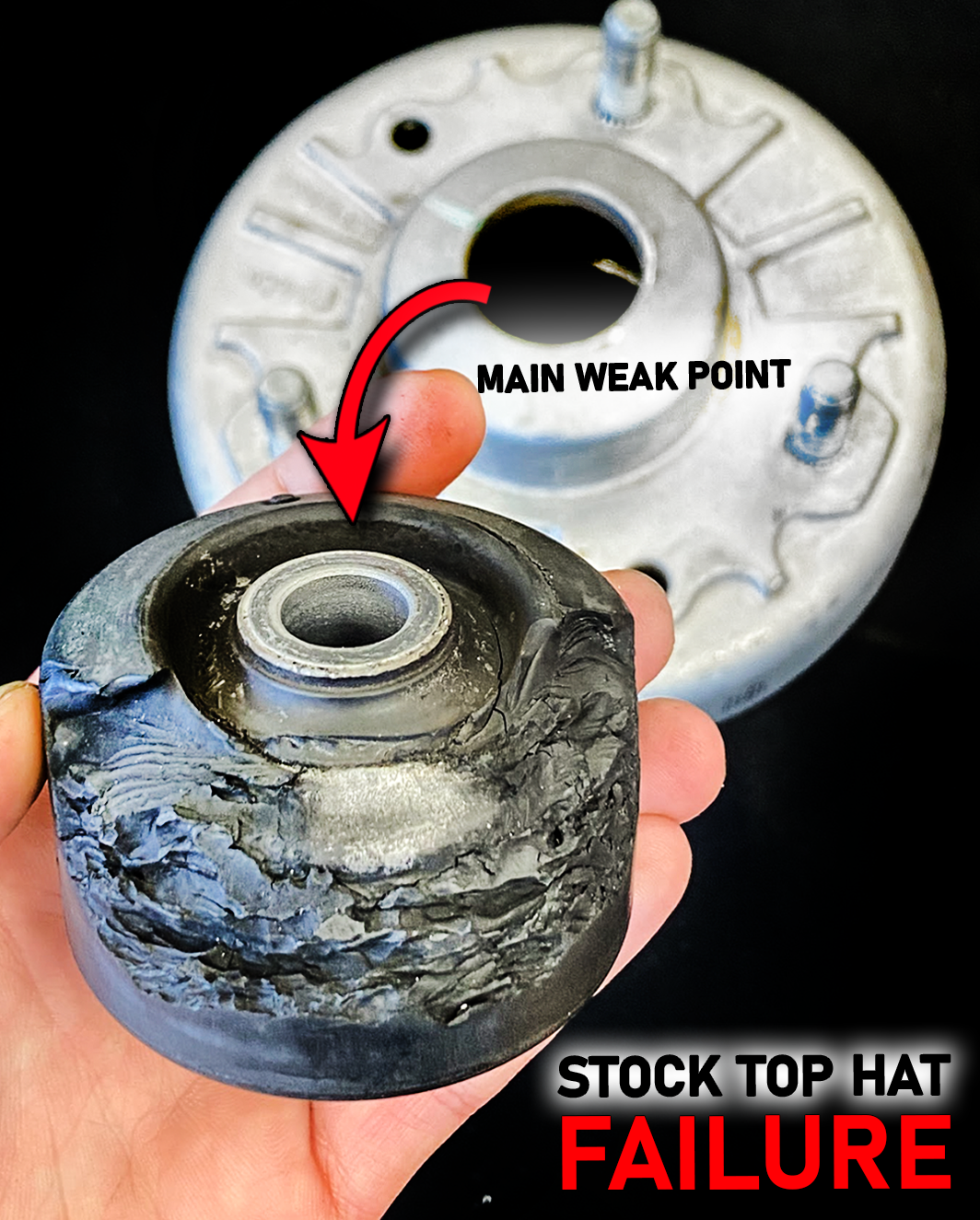 Billet top hat for 2022+ Bronco Raptor showing stock top hat failure point, designed for 1-inch lift with stock shock.