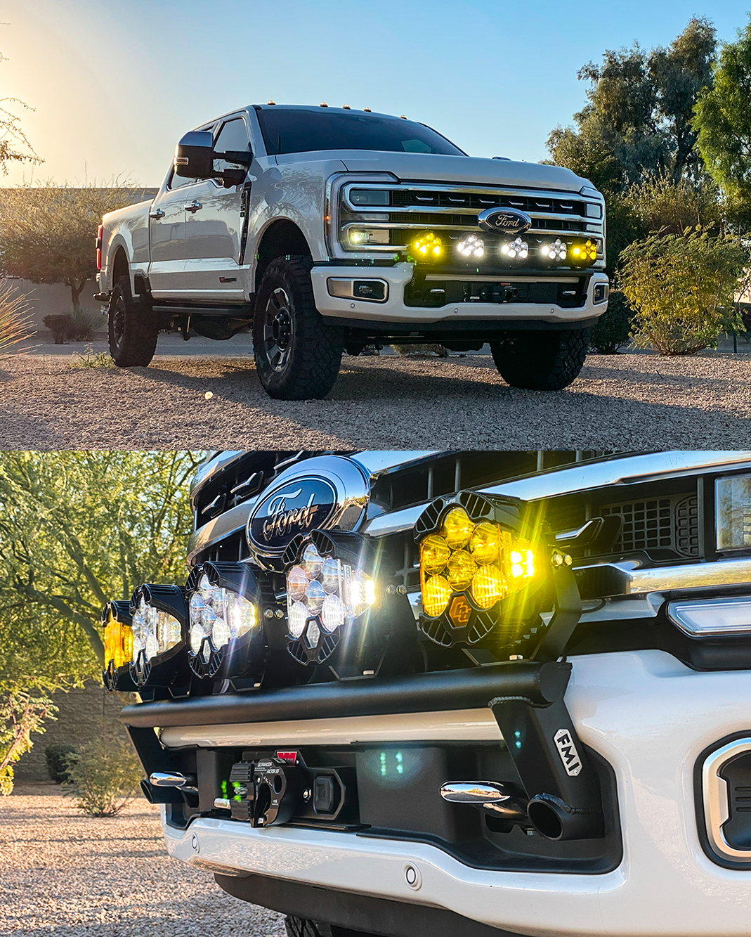 2023+ Ford F-250 Super Duty front light mount kit installed on stock bumper, showcasing multiple auxiliary lights.