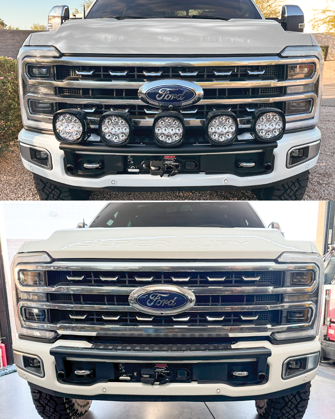 2023+ Ford F-250 Super Duty front light mount kit installed on stock bumper, featuring multiple auxiliary lights for enhanced visibility.