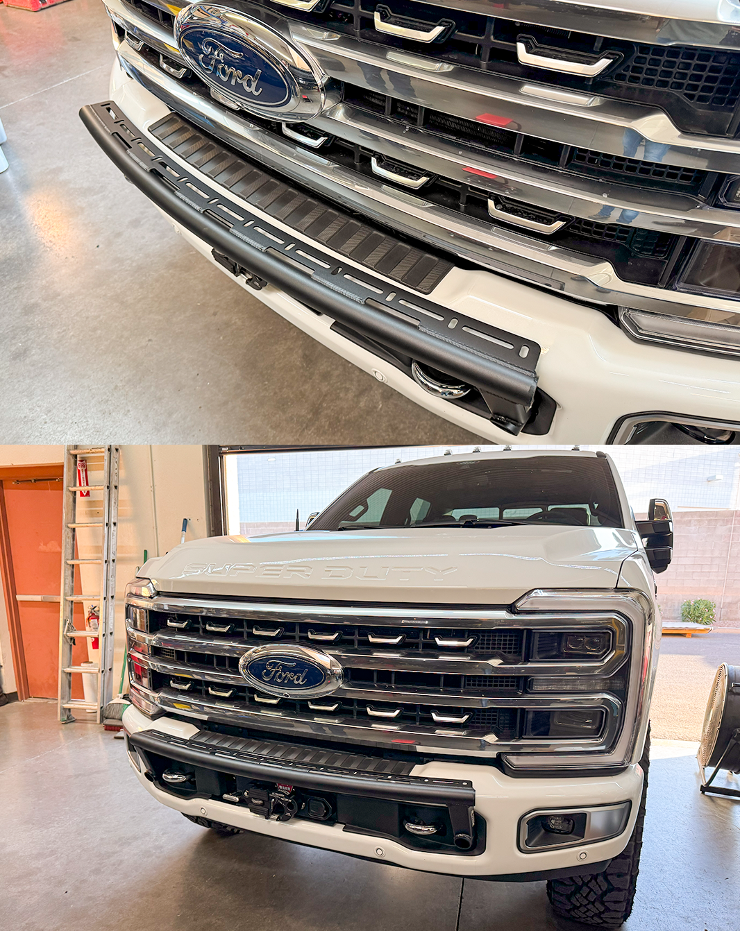 2023+ Ford F-250 Super Duty front light mount kit installed on stock bumper, showcasing a sleek and functional design.