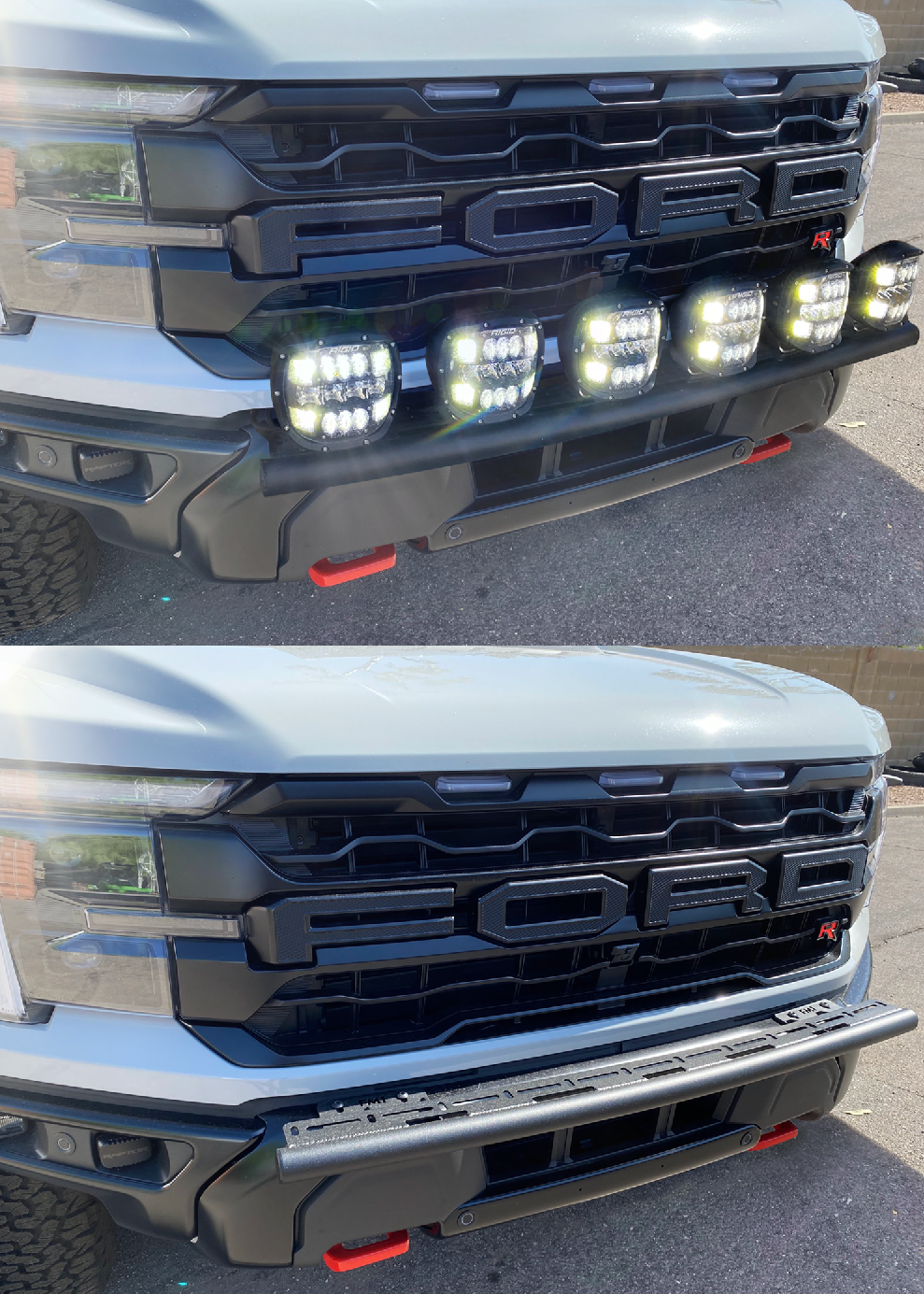 2024 Raptor Front Light Mount Kit for modular bumpers, showcasing customizable light options for enhanced visibility.