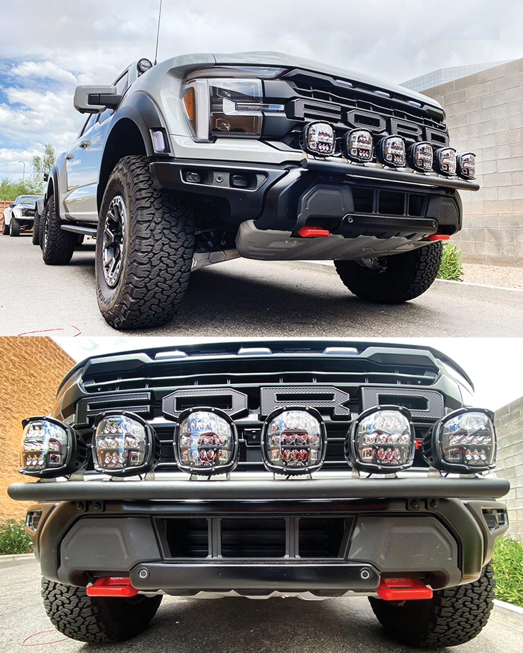 2024 Raptor Front Light Mount Kit showcasing a modular bumper with multiple light options installed for enhanced visibility.