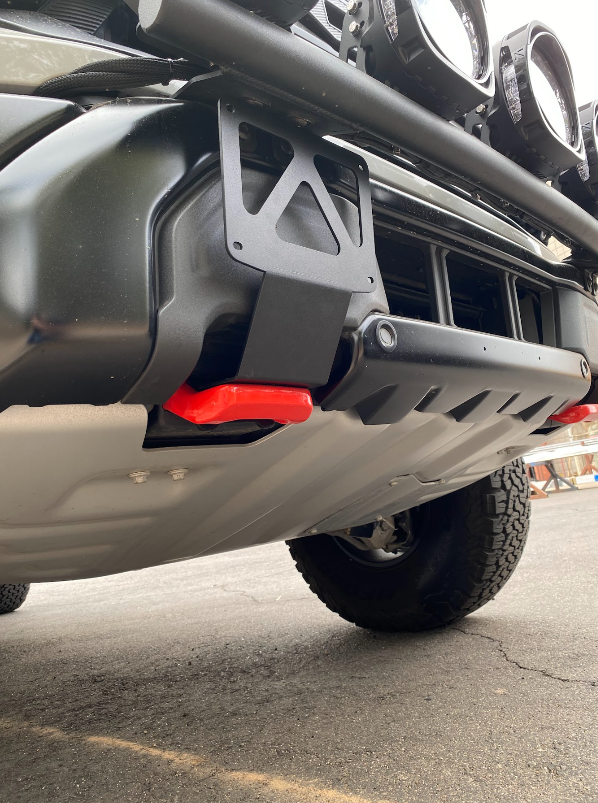 Front tow hook license plate mount for 2024+ Gen 3.5 Raptor, featuring durable construction and easy installation.