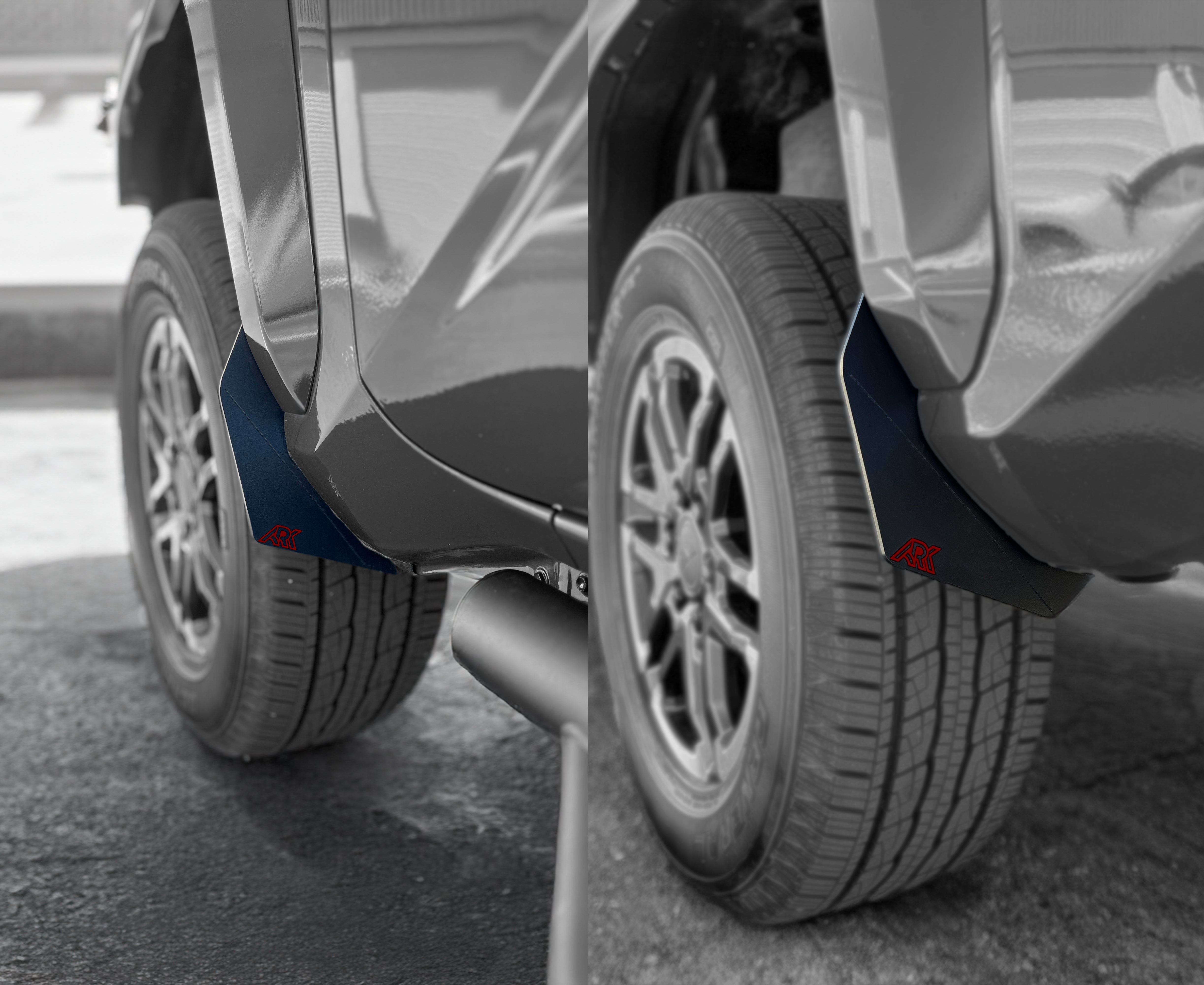 2024+ Toyota Tacoma TriXpoly splash guards and mudflaps installed on a truck, enhancing protection and style.