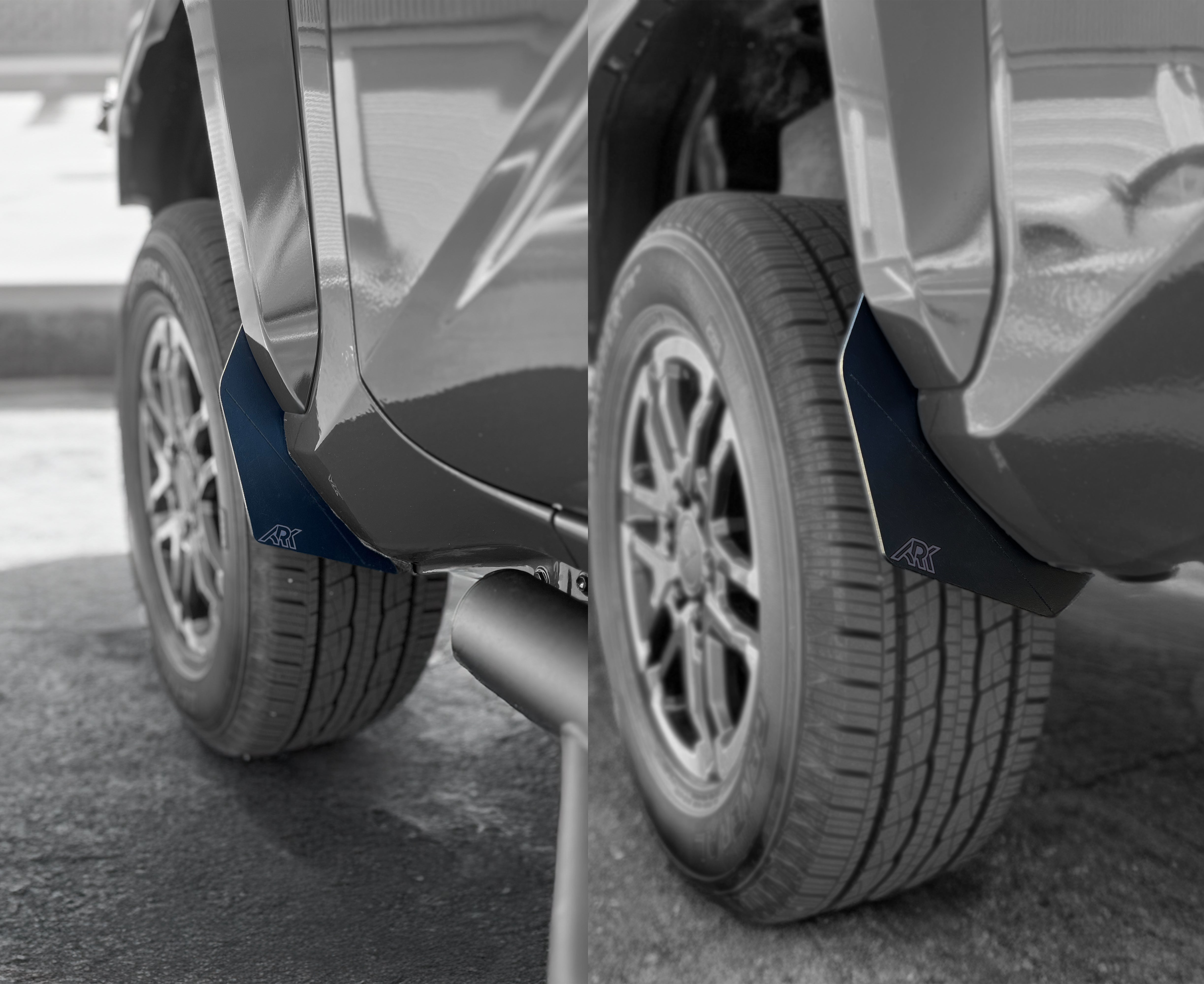 2024+ Toyota Tacoma TriXpoly splash guards and mudflaps installed on truck tires for enhanced protection and style.