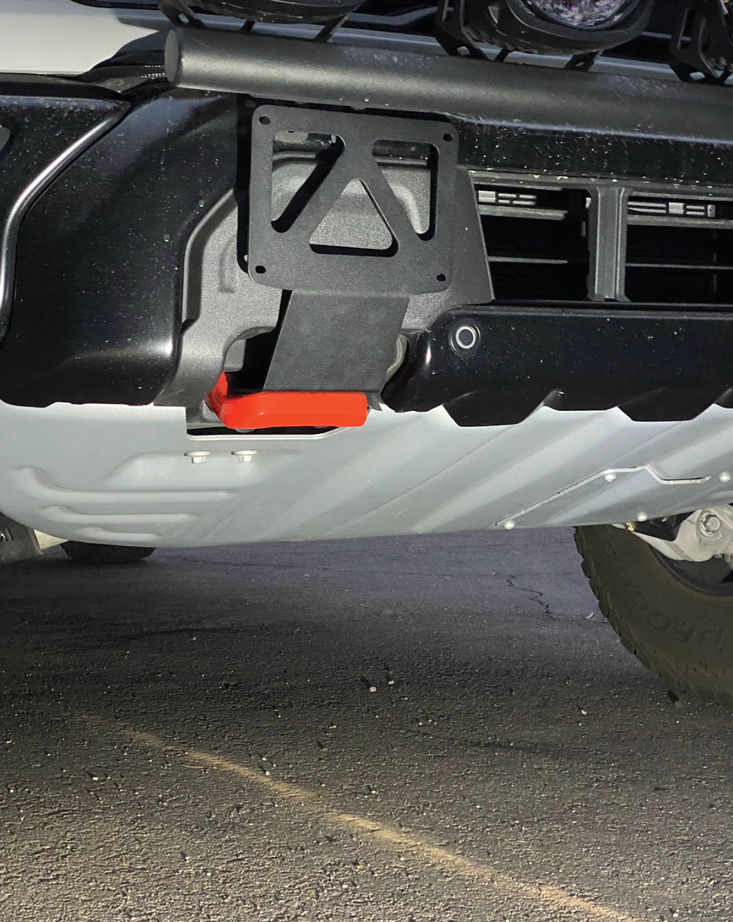 Front tow hook license plate mount for 2024+ Gen 3.5 Raptor, showcasing durable design and easy installation.