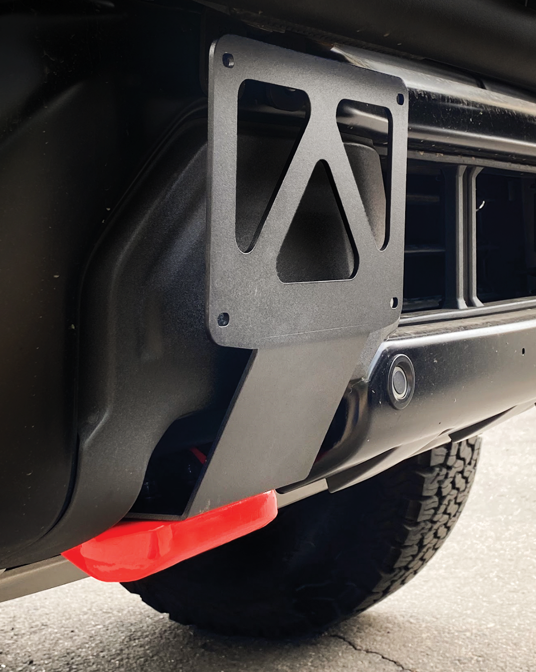 Front tow hook license plate mount for 2024+ Gen 3.5 Raptor, designed for durability and easy installation.