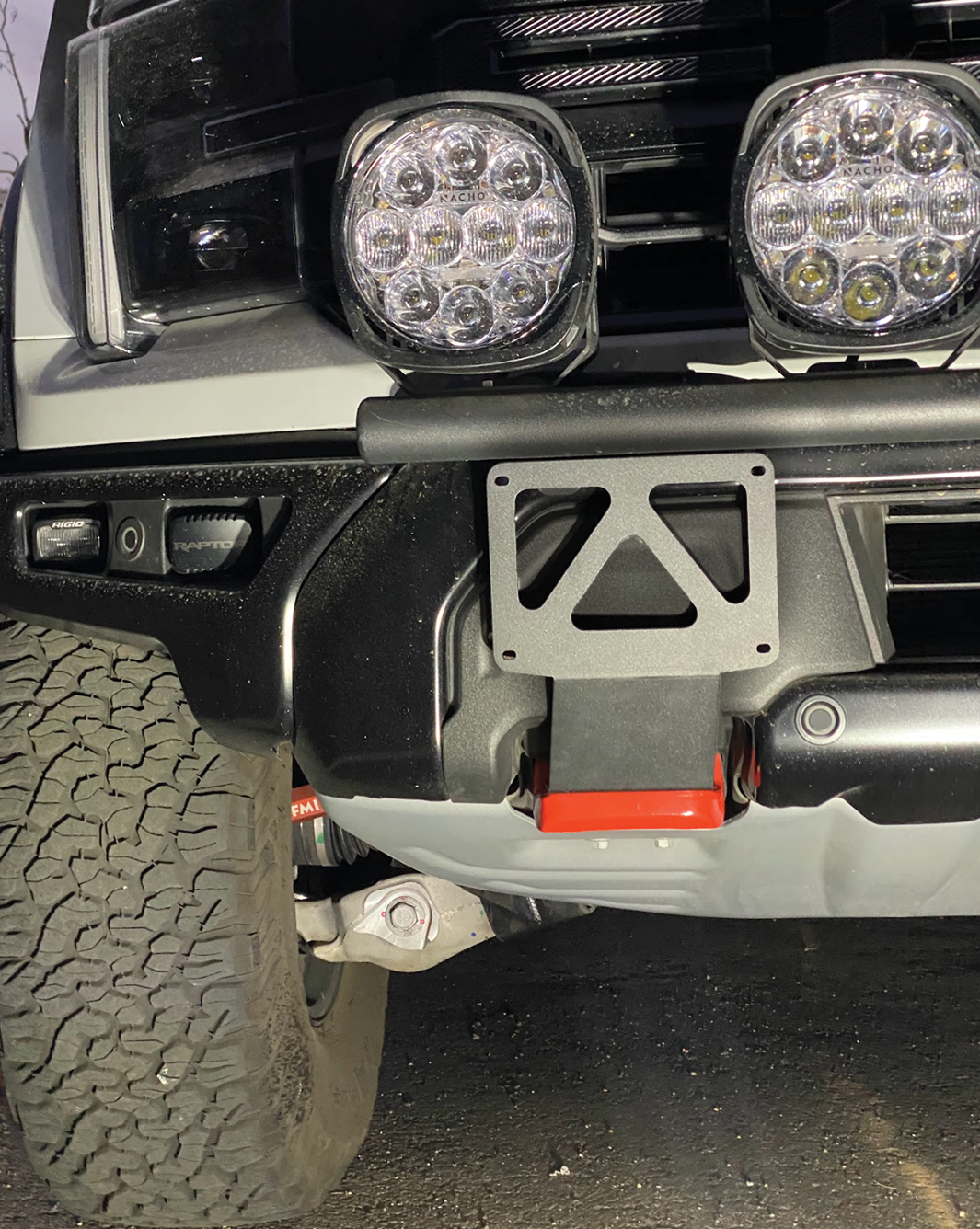 Front tow hook license plate mount for 2024+ Gen 3.5 Raptor, showcasing durable design and easy installation.