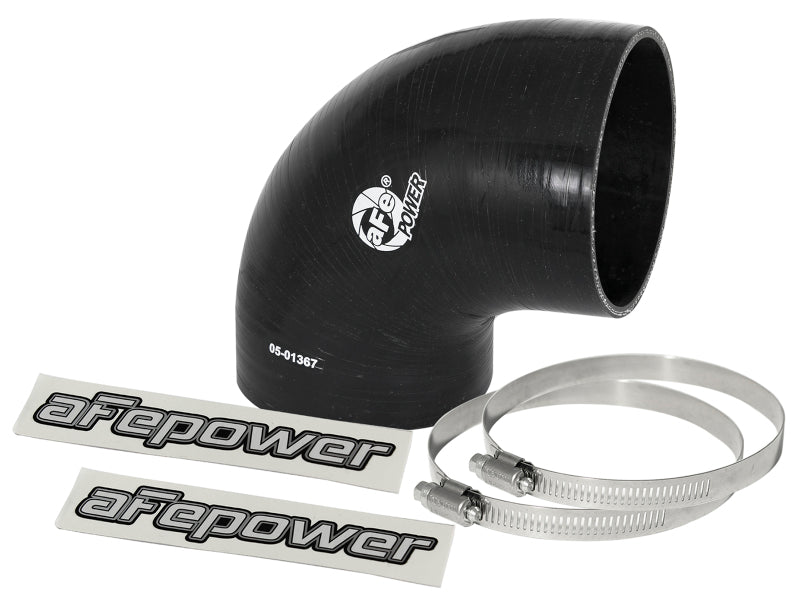 afe Magnum FORCE Intake Coupling Kit featuring a black 90-degree elbow coupler, two hose clamps, and afe power stickers.