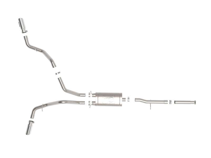 Cat-back exhaust system for GM trucks 2009-2018 with V6 4.3L and V8 4.8/5.3L engines, featuring stainless steel construction.