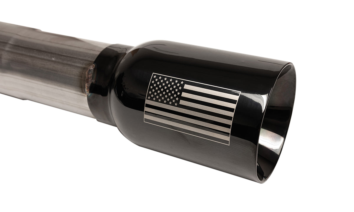 2.75 Inch Cat-Back Dual Rear Exit with Single 4.0 Inch Flat Cut Black Tips with USA Flag Etch 18-25 Jeep Wrangler JLU 118.4 Inch Wheel Base Corsa Performance