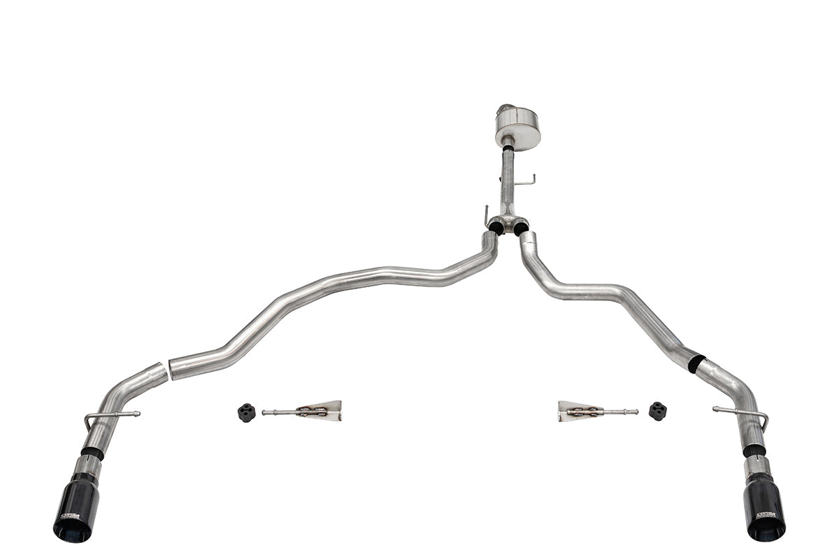 3.0 Inch Dual Rear Exit Catback Exhaust System with Flat Cut 4.0 Inch Dual Wall Black Tips 21-25 Ford F-150 122 Inch Wheel Base Corsa Performance