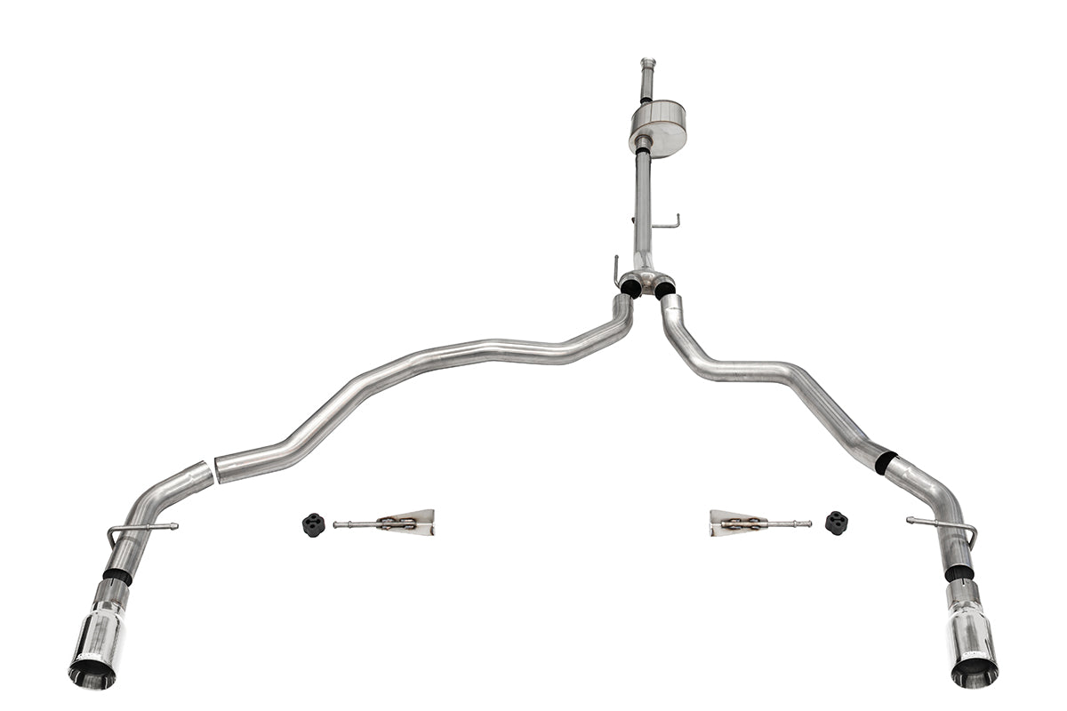 3.0 Inch Dual Rear Exit Catback Exhaust System with Flat Cut 4.0 Inch Dual Wall Tips Xtreme Sound Level 21-25 Ford F-150 145 Inch Wheel Base Corsa Performance