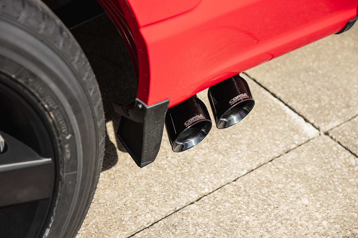 3.0 Inch Front of Tire Exit Catback Exhaust System with Twin 3.5 Inch Pro Series Black Tips Sport Sound Level 21-25 Ford F-150 141 Inch Wheel Base Corsa Performance