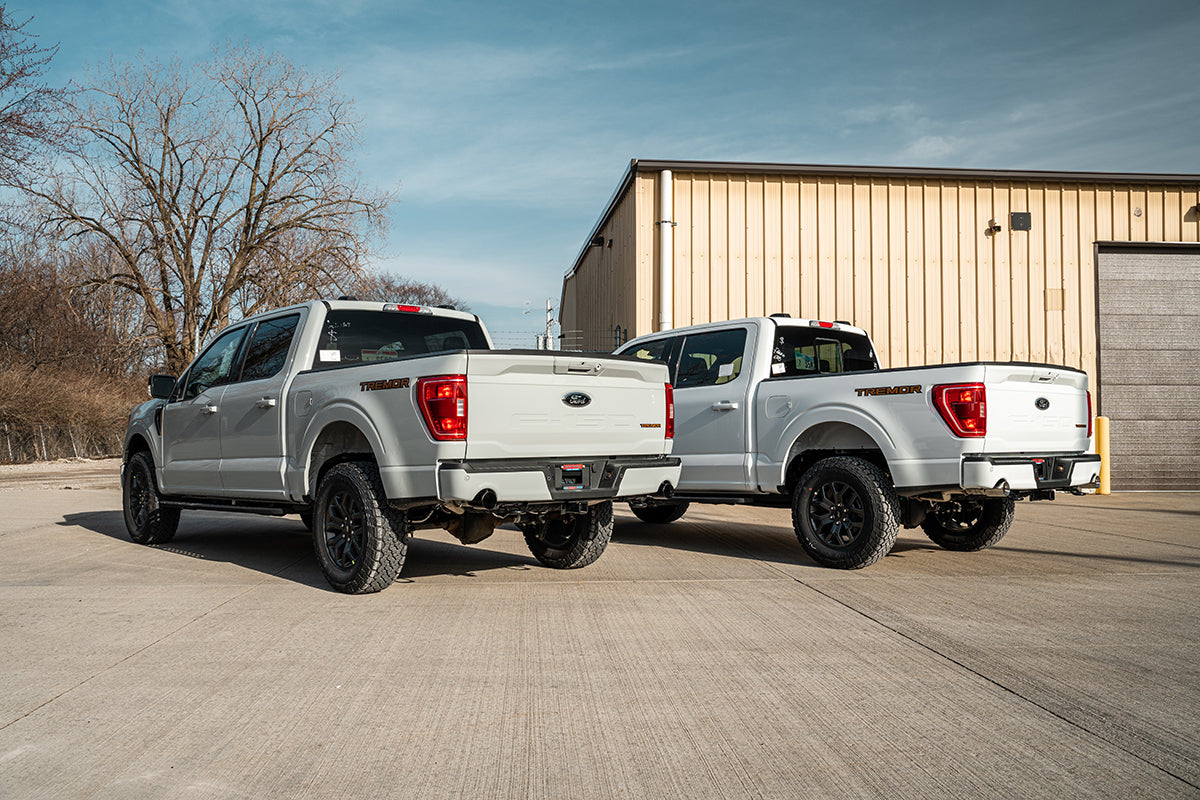 3.0 Inch to 2.75 Inch Dual Rear Exit Cat-back Exhaust System with 4.0 Inch Black PVD Straight Cut Tips Xtreme Sound Level 22-25 Ford F-150 Tremor 145 Inch Wheel Base Corsa Performance