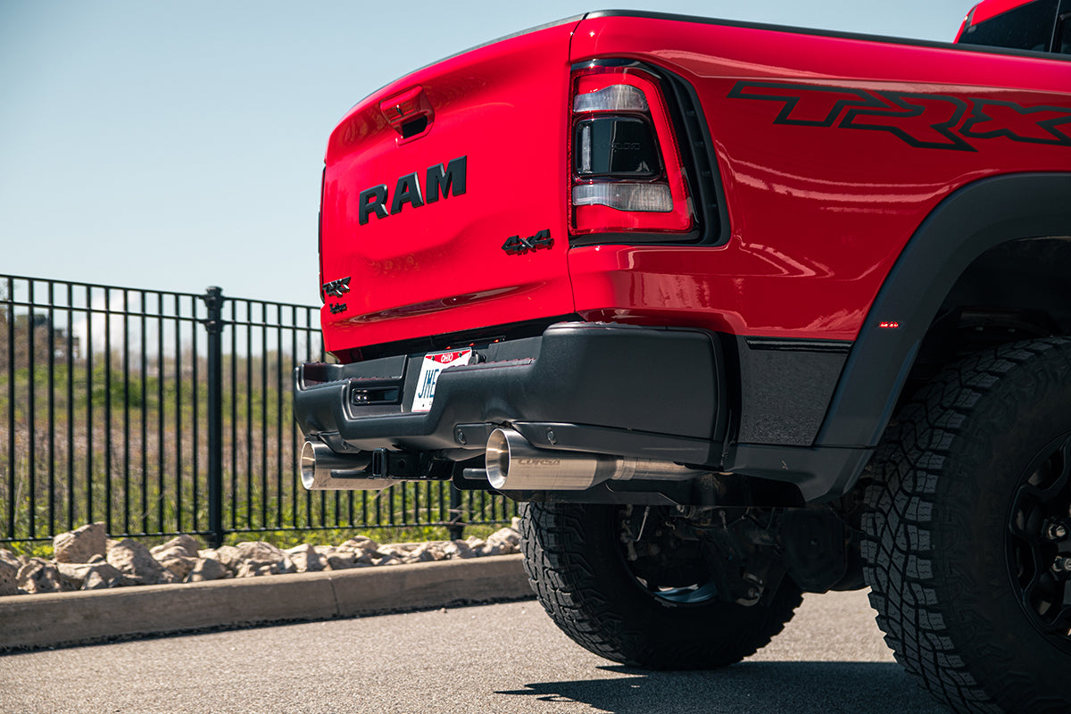 3.0 Inch True Dual Catback Exhaust System with Dual Rear Exit and Flat Cut 5.0 Inch Gunmetal PVD Tips 21-24 Dodge RAM TRX 144.6 Inch Wheel Base Corsa Performance