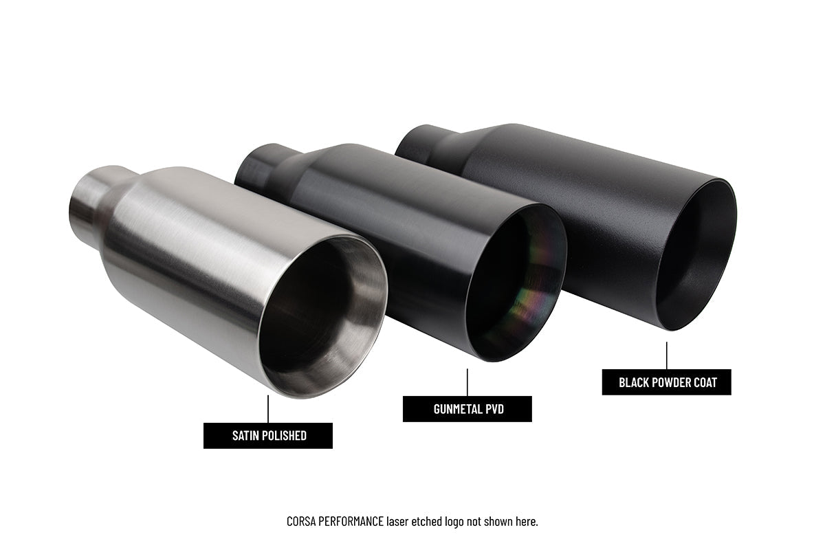 3.0 Inch Dual Rear Exit Catback Exhaust System with Flat Cut 5.0 Inch Dual Wall Black Powder Coat Tips 21-24 Dodge RAM TRX 144.6 Inch Wheel Base Corsa Performance
