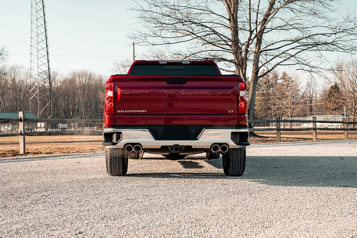 3.0 Inch-2.5 Inch Cat-Back Dual Rear Exit Exhaust System with Twin 4.0 Inch Polished Pro-Series Tips 19-23 Chevrolet Silverado/GMC Sierra 1500 157 Inch Wheel Base Corsa Performance