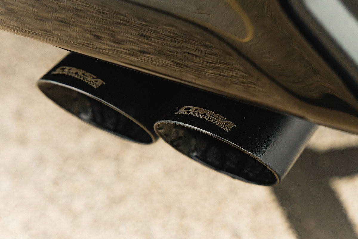 3.0 Inch Dual Rear Exit Cat-Back Exhaust System with Twin 4.0 Inch Black Powder Coat Tips 22-24 Chevrolet Silverado ZR2/22-23 GMC Sierra AT4X 147.5 Inch Wheel Base Corsa Performance