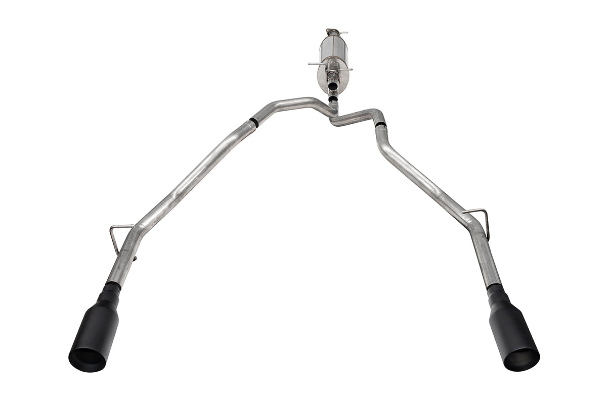 2.5 Inch Stainless Steel Sport Cat-back, RSC No Drone Technology, Dual Rear Exit with 5.0 Inch Black Tips 25-26 RAM 1500 144.5 Inch/153.5 Inch Wheel Base Corsa Performance