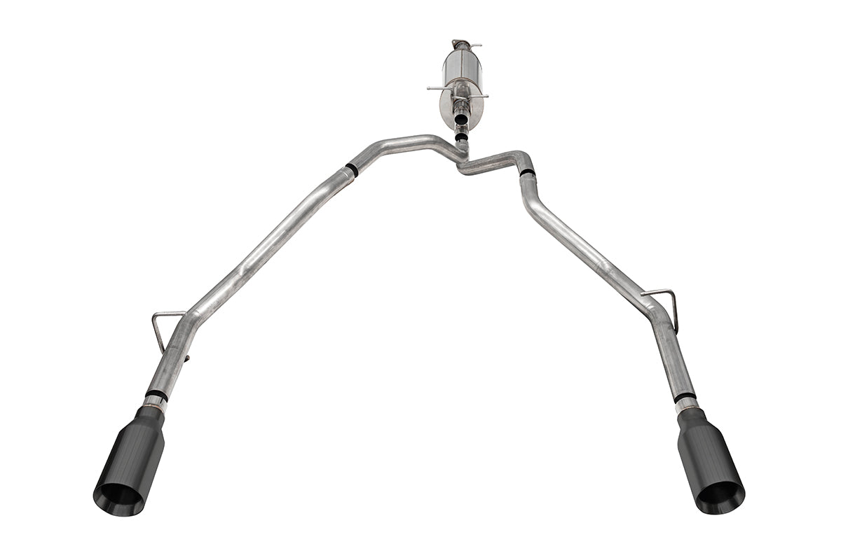2.5 Inch Stainless Steel Sport Cat-back, RSC No Drone Technology, Dual Rear Exit with 5.0 Inch Gunmetal Tips 25-26 RAM 1500 144.5 Inch/153.5 Inch Wheel Base Corsa Performance