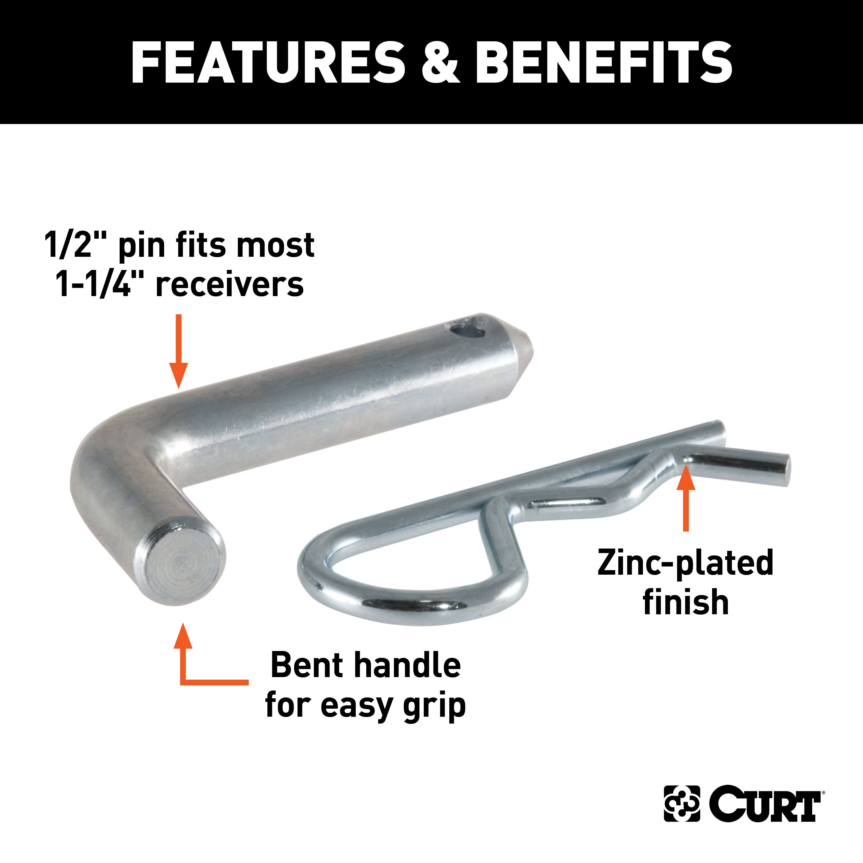 CURT Trailer Hitch Pin & Clip, 1/2-Inch Diameter, Fits 1-1/4-Inch Receiver Model 21400