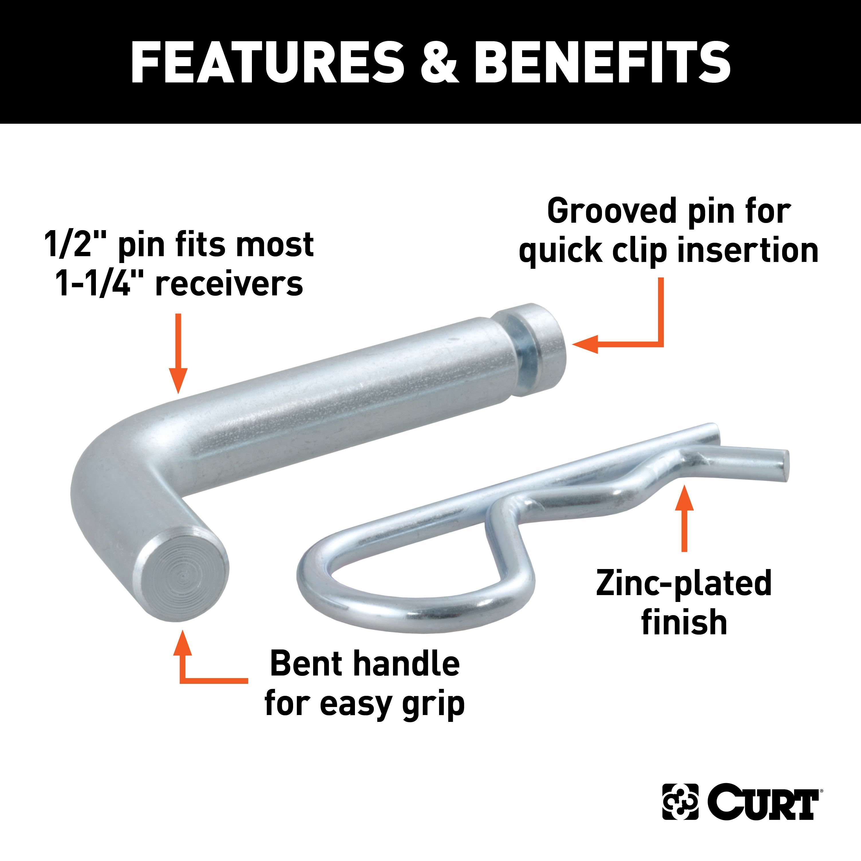 CURT Trailer Hitch Pin & Clip with Grooved Head, 1/2-Inch Diameter, Fits 1-1/4-Inch Receiver Model 21404