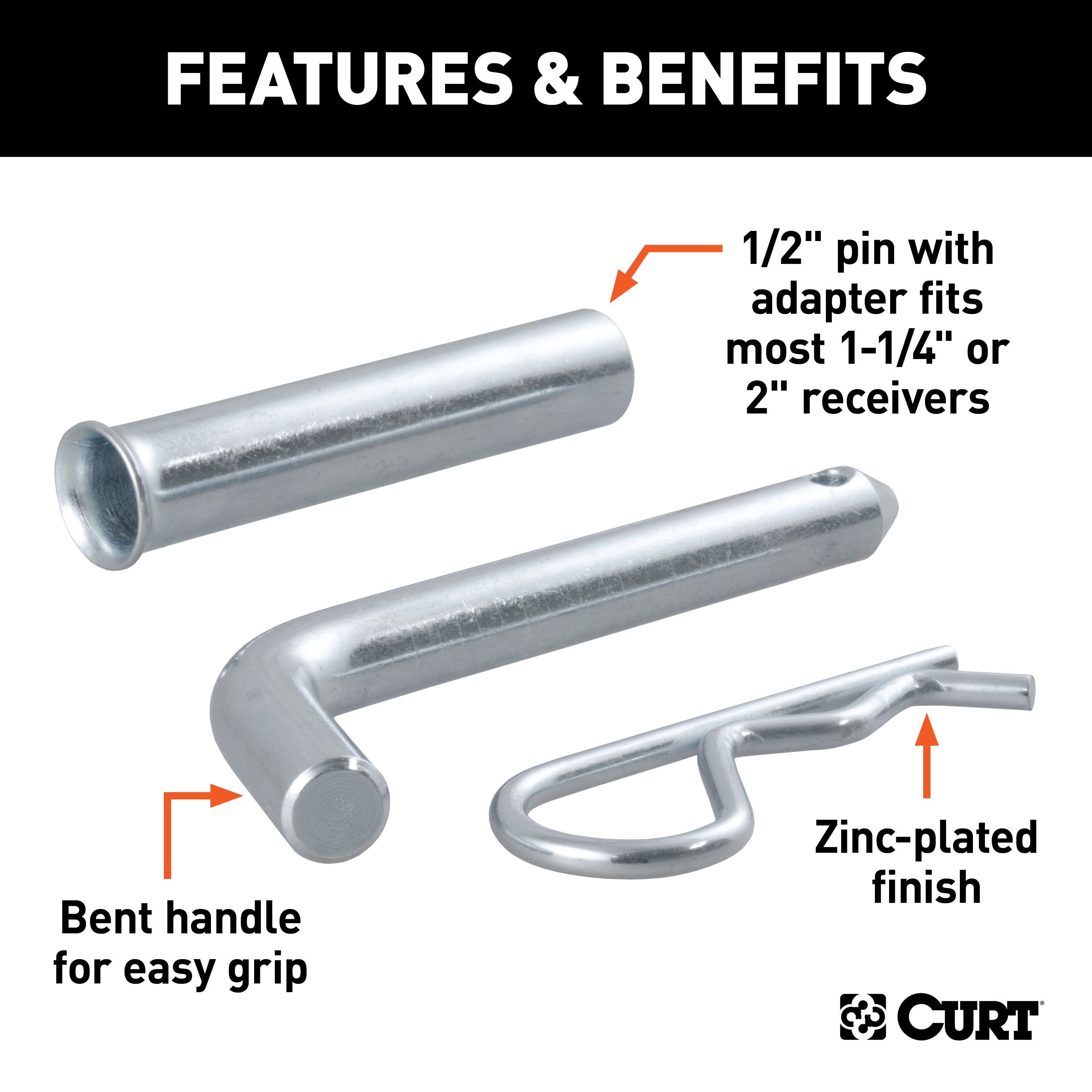 CURT Trailer Hitch Pin & Clip, 1/2-Inch Diameter with 5/8-Inch Adapter, Fits 1-1/4 or 2-Inch Receiver Model 21502
