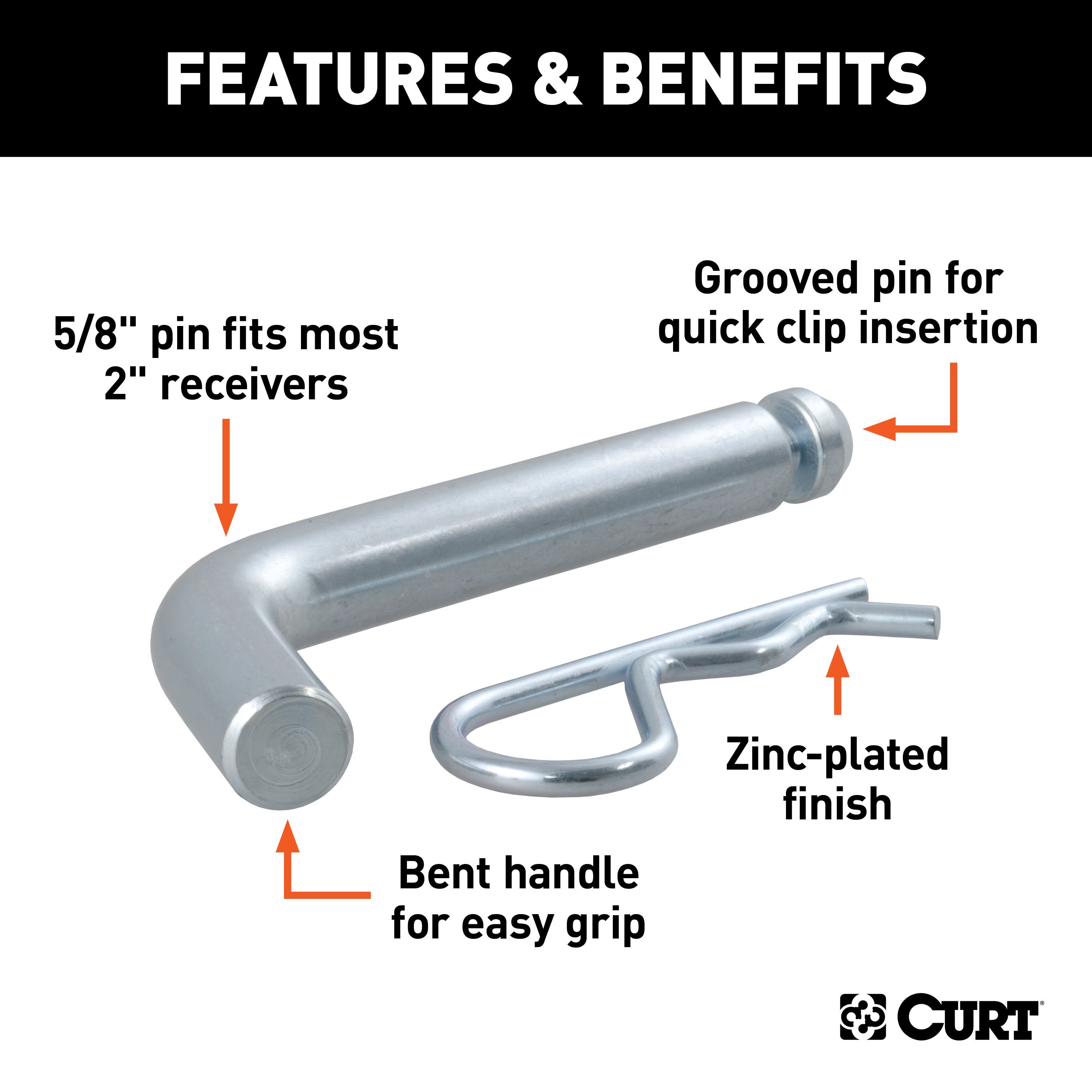CURT Trailer Hitch Pin & Clip with Grooved Head, 5/8-Inch Diameter, Fits 2-Inch Receiver Model 21505