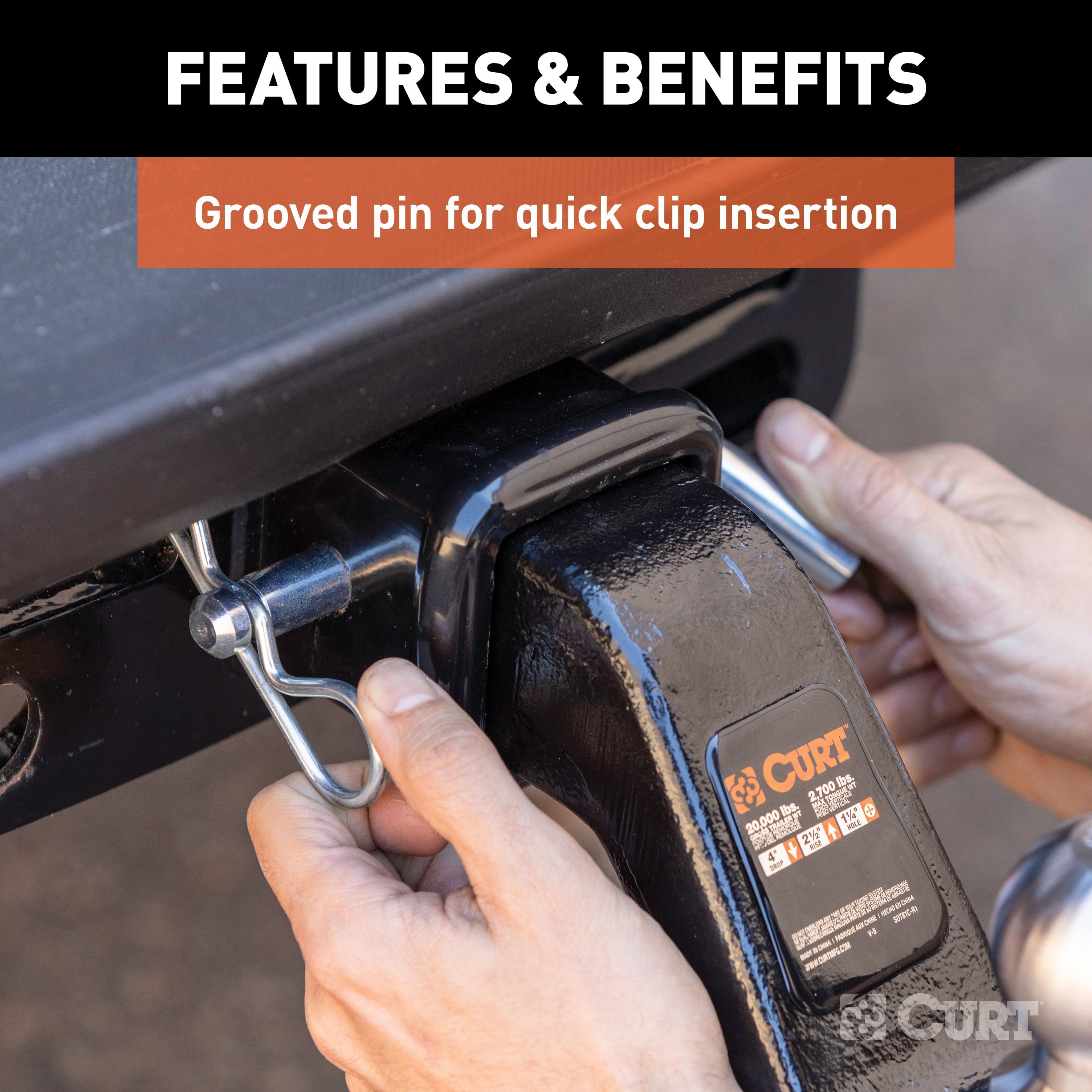 CURT Heavy-Duty Trailer Hitch Pin & Clip with Grooved Head, 5/8-Inch Diameter, Fits 2-1/2 or 3-Inch Receiver Model 21507
