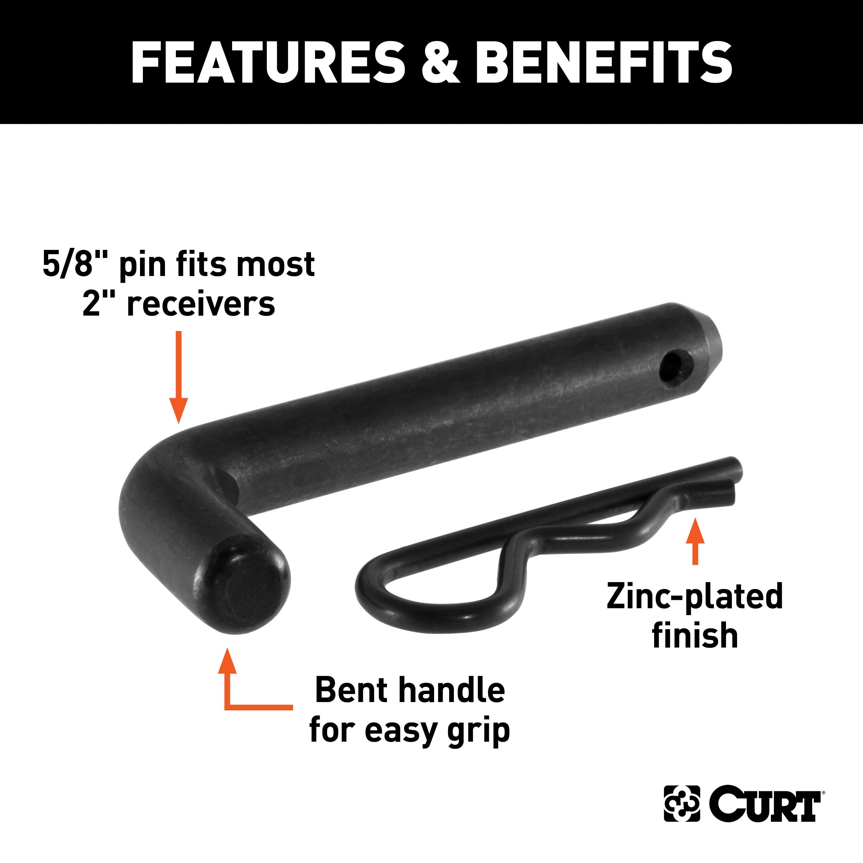 CURT Black Trailer Hitch Pin & Clip, 5/8-Inch Diameter, Fits 2-Inch Receiver Model 21578