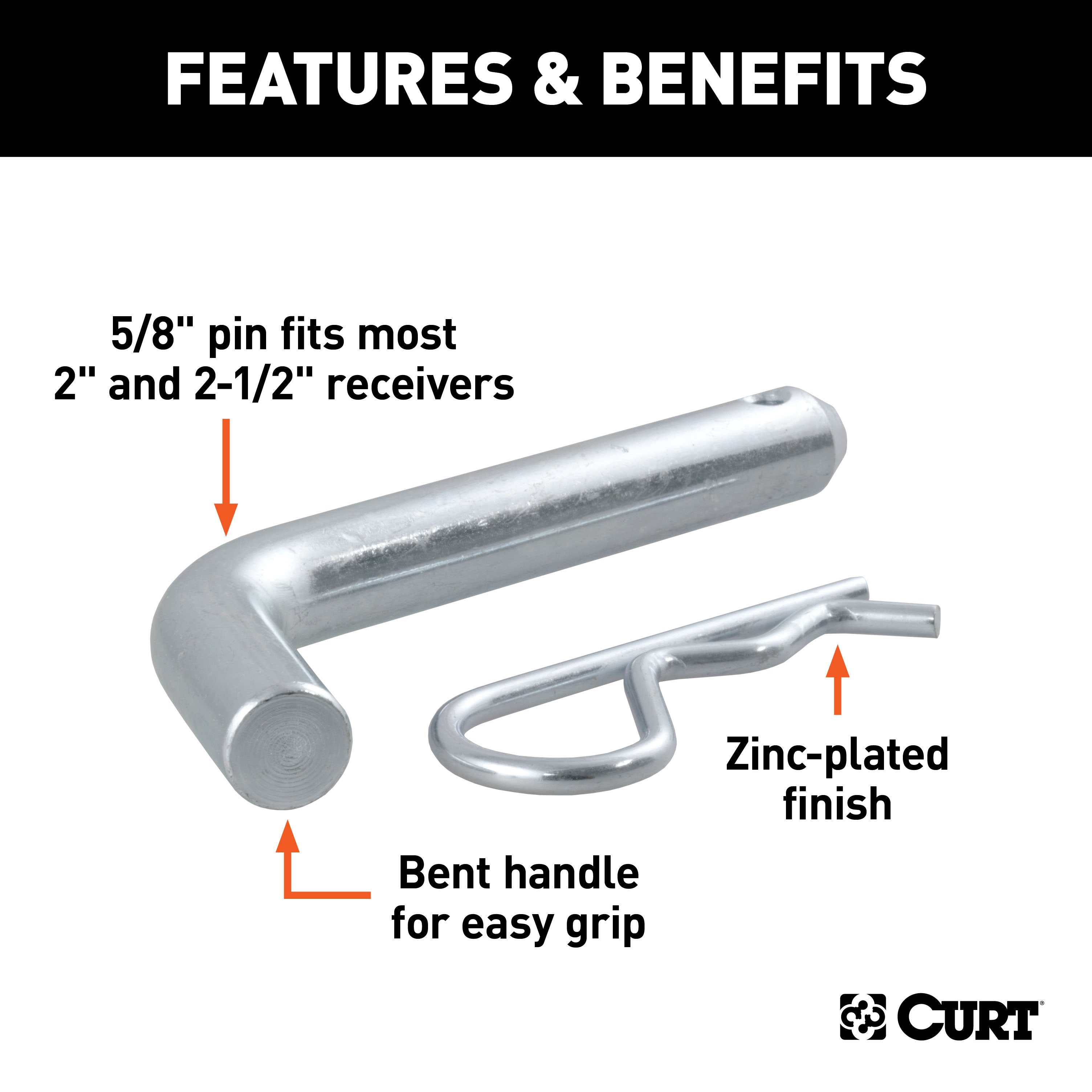 CURT Trailer Hitch Pin & Clip, 5/8-Inch Diameter, Fits 2 or 2-1/2-Inch Receiver Model 21581