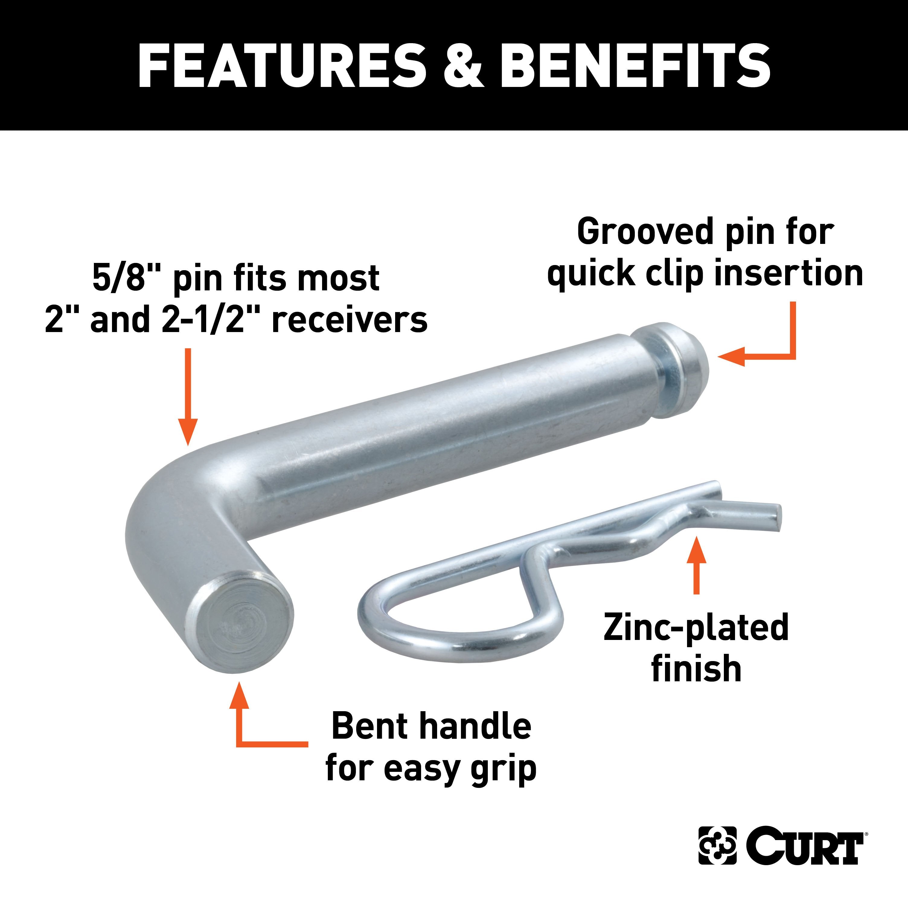 CURT Trailer Hitch Pin & Clip with Grooved Head, 5/8-Inch Diameter, Fits 2 or 2-1/2-Inch Receiver Model 21582