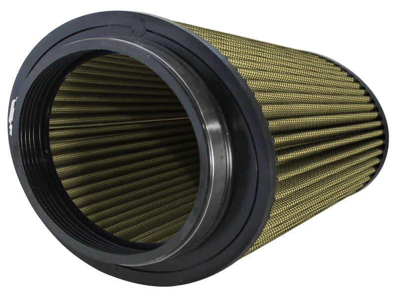 afe Magnum FORCE replacement air filter with a cylindrical design, featuring a pleated filter media for enhanced airflow.