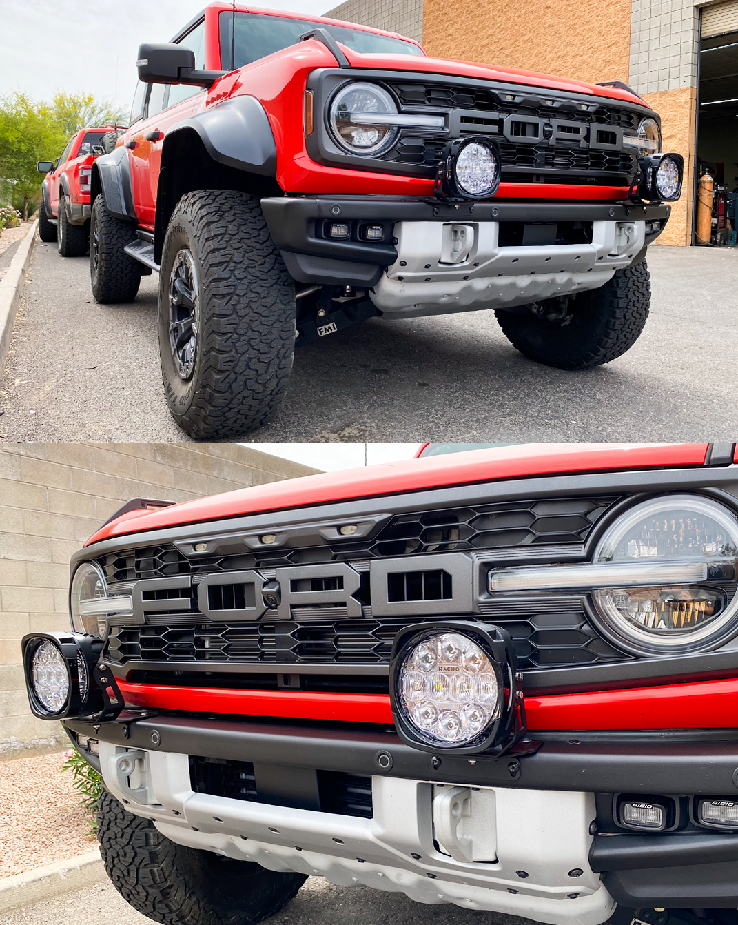 Bronco Raptor light mount brackets installed on a stock modular bumper, showcasing front-mounted off-road lights.
