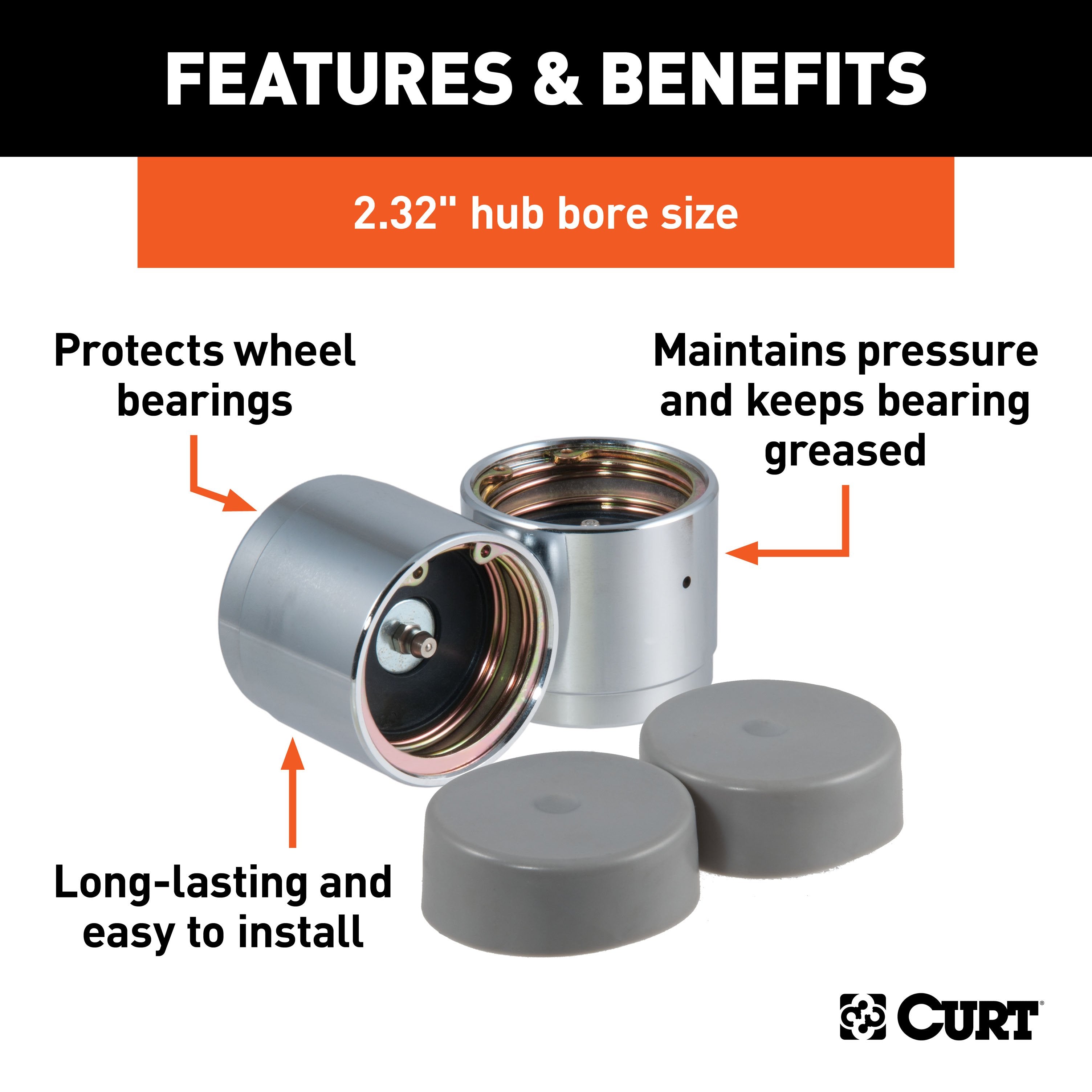 CURT 2.32-Inch Trailer Wheel Bearing Protectors and Dust Covers, 2-Pack Model 22232