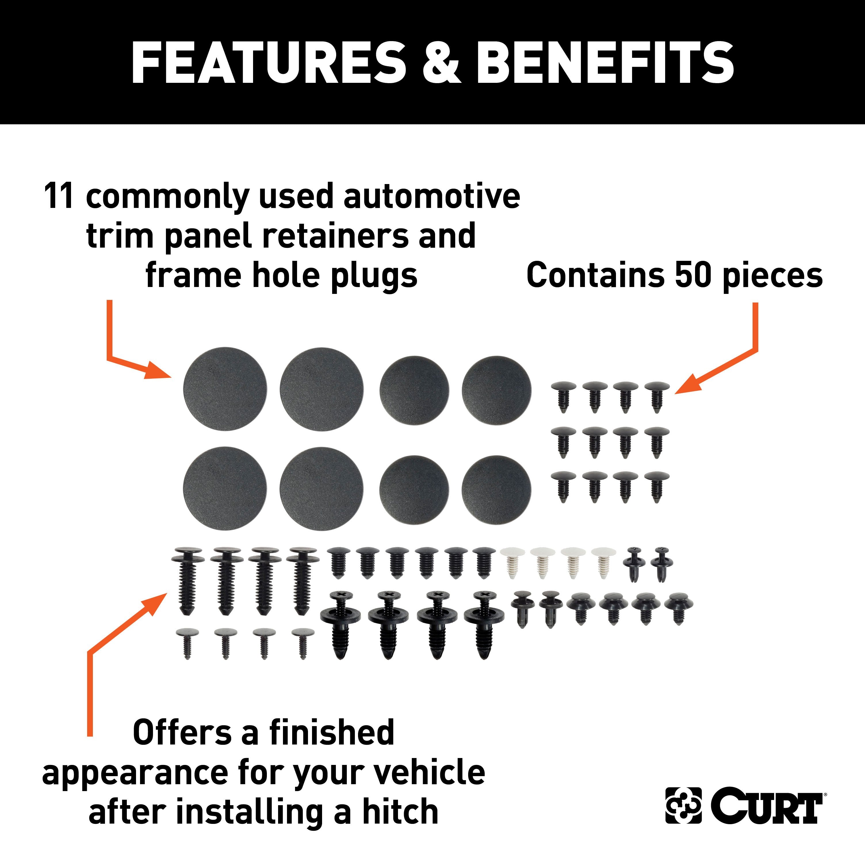 CURT Assorted Automotive Trim Panel Retainers & Frame Hole Plugs, 50 Pieces Model 22322