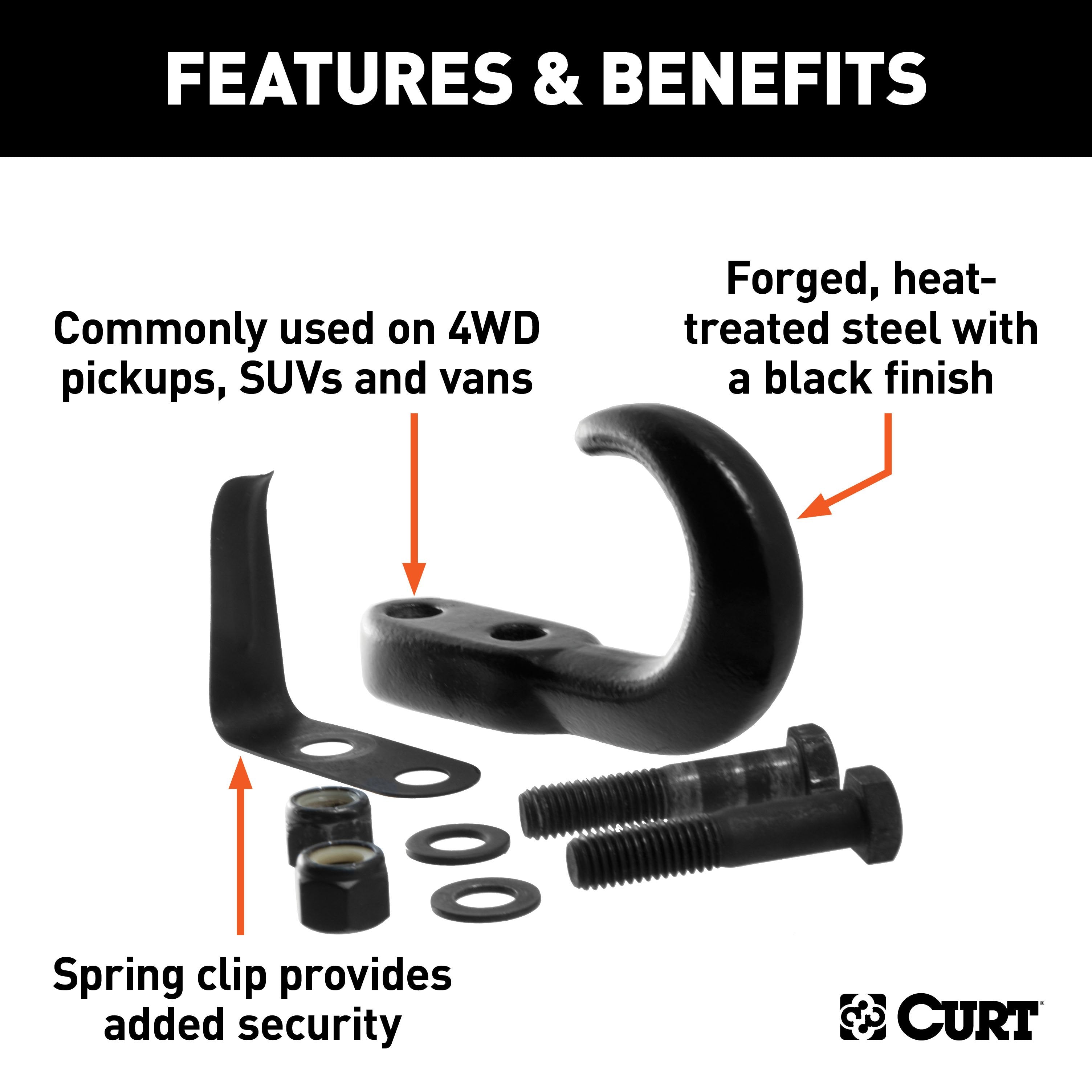 CURT Bolt-On Black Steel Tow Hook with Spring Clip, 10,000 lbs Capacity Model 22411
