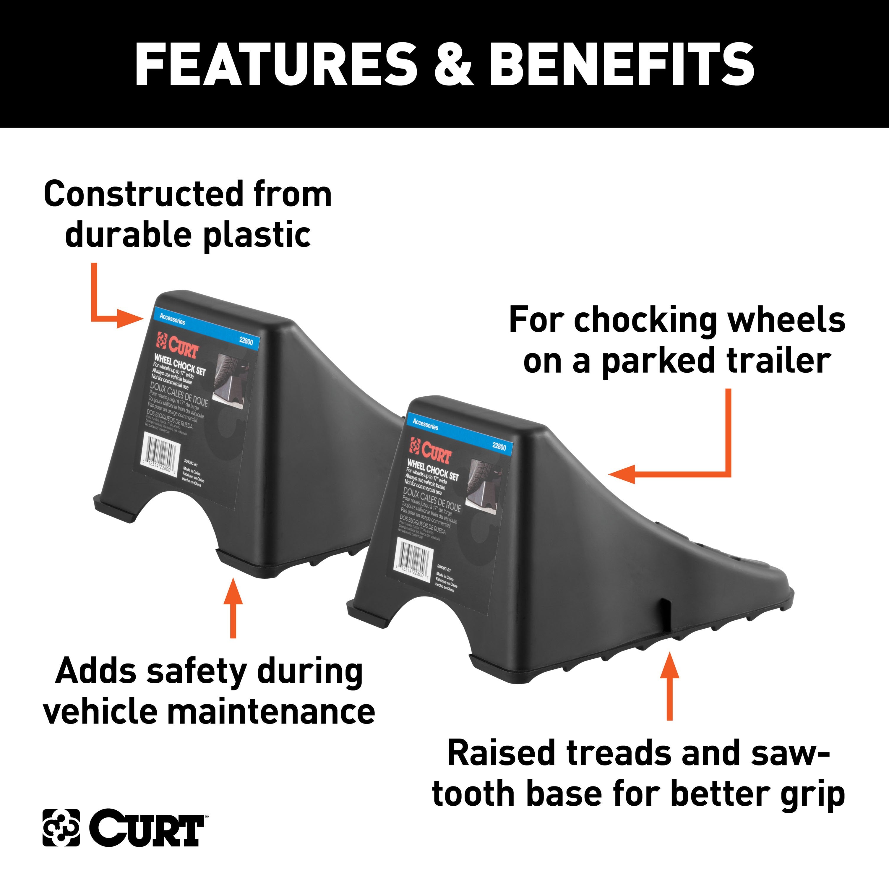 CURT Black Plastic Wheel Chocks, Vehicle, Trailer, Truck, RV, 2-Pack Model 22800