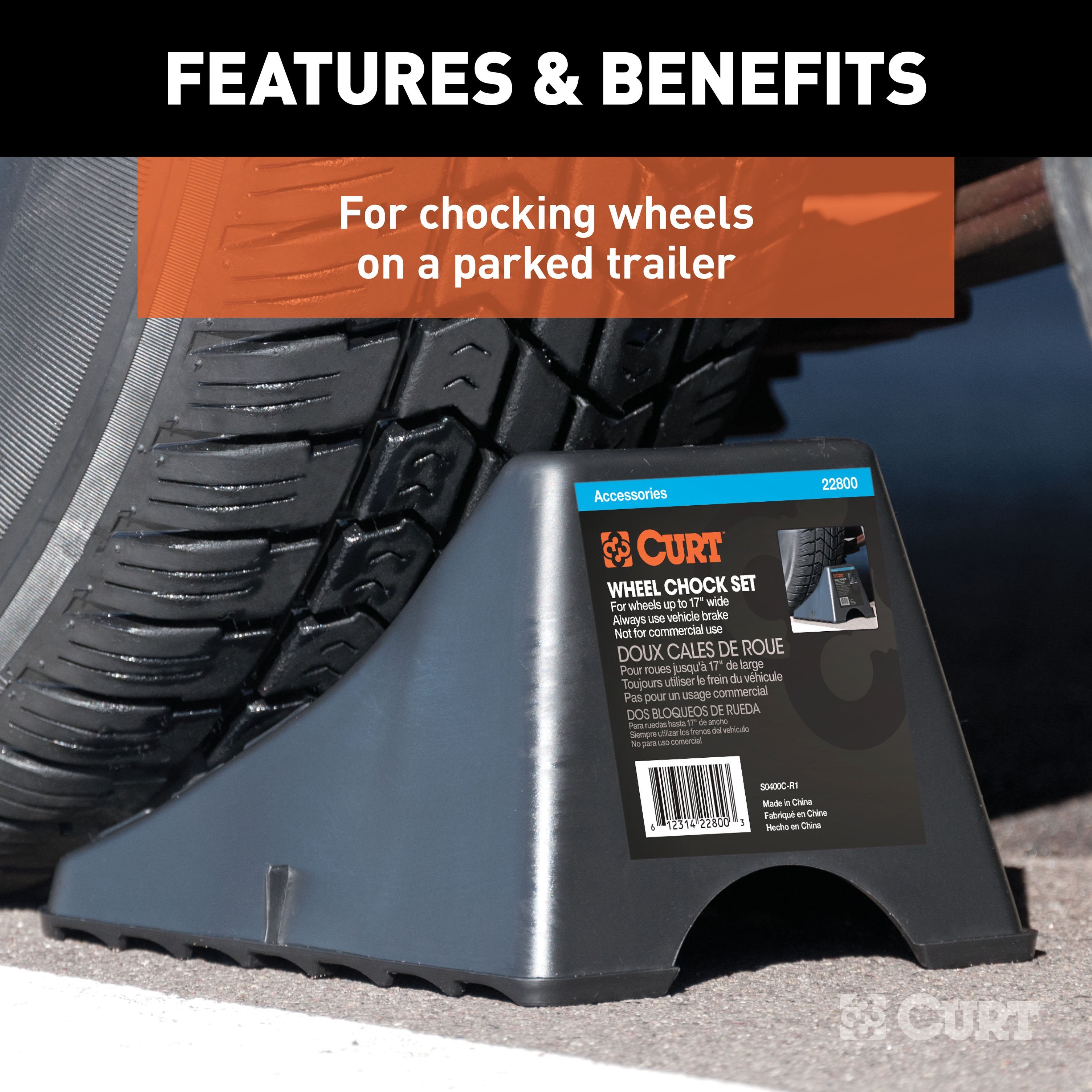 CURT Black Plastic Wheel Chocks, Vehicle, Trailer, Truck, RV, 2-Pack Model 22800