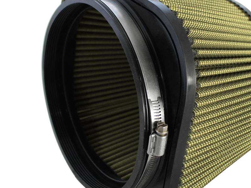AFE Magnum FLOW universal air filter featuring a cylindrical design with a textured gold filter media and a metal clamp.