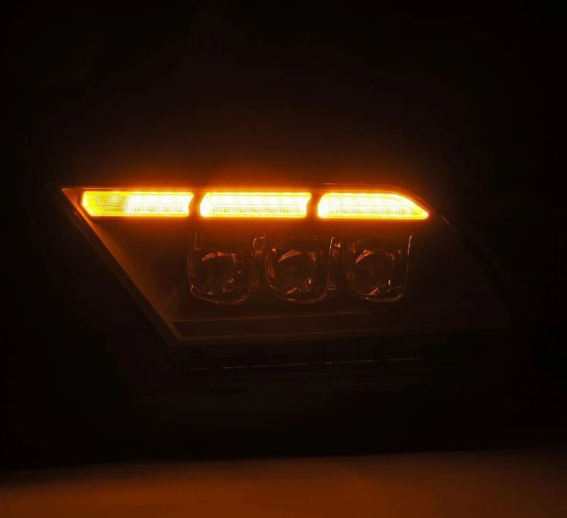 AlphaRex NOVA-Series LED projector headlights for 10-12 Ford Mustang featuring black housing, sequential signals, and daytime running lights.