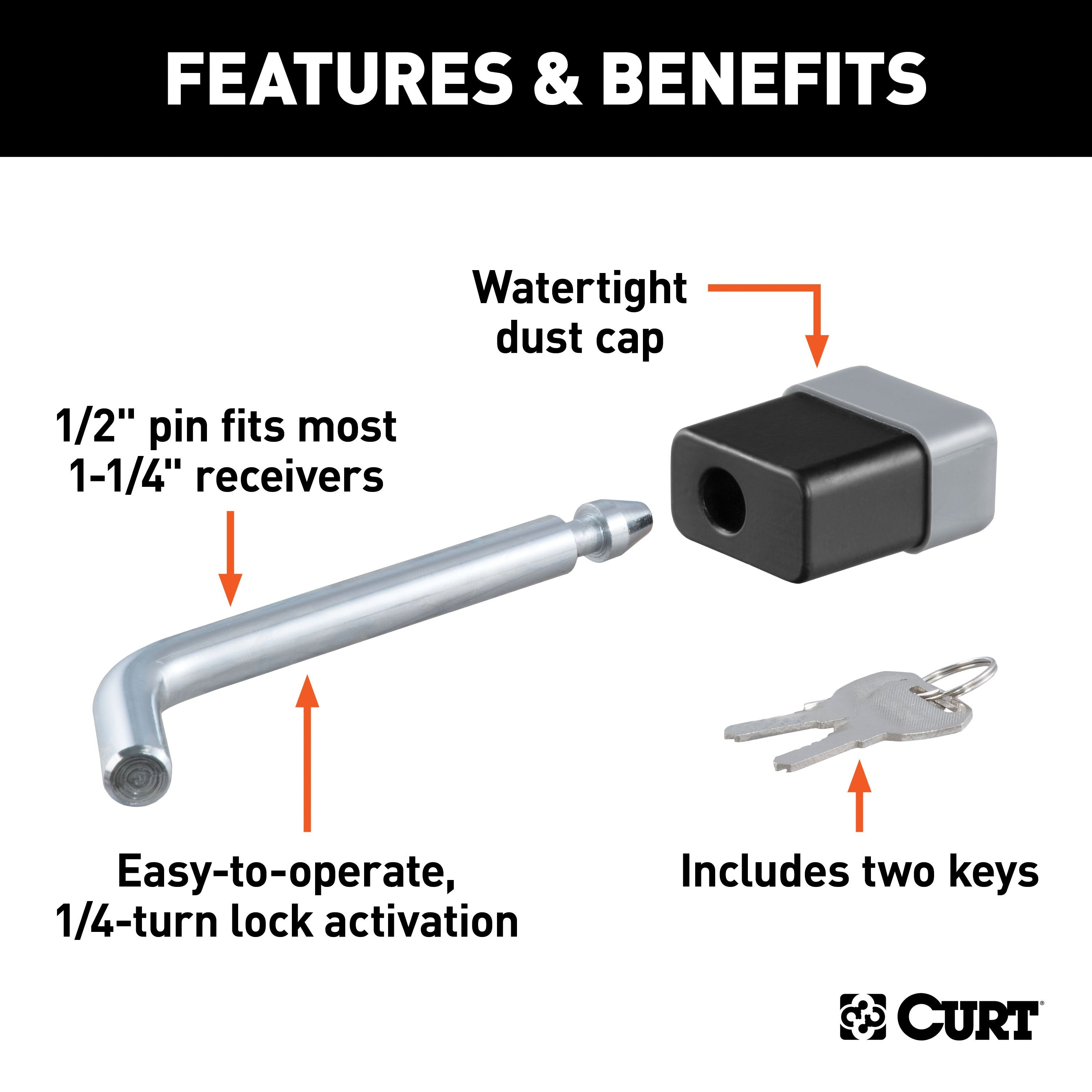 CURT Trailer Hitch Lock, 1/2-Inch Pin Diameter, Fits 1-1/4-Inch Receiver Model 23020