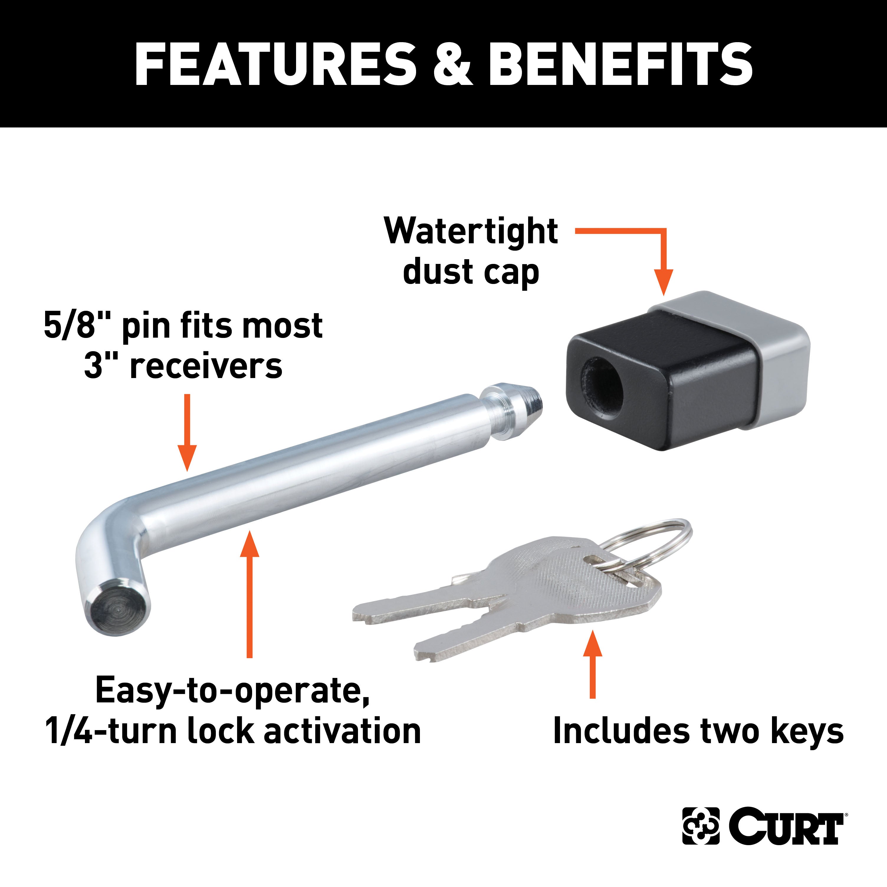 CURT Trailer Hitch Lock, 5/8-Inch Pin Diameter, Fits 2, 2-1/2 or 3-Inch Receiver Model 23021
