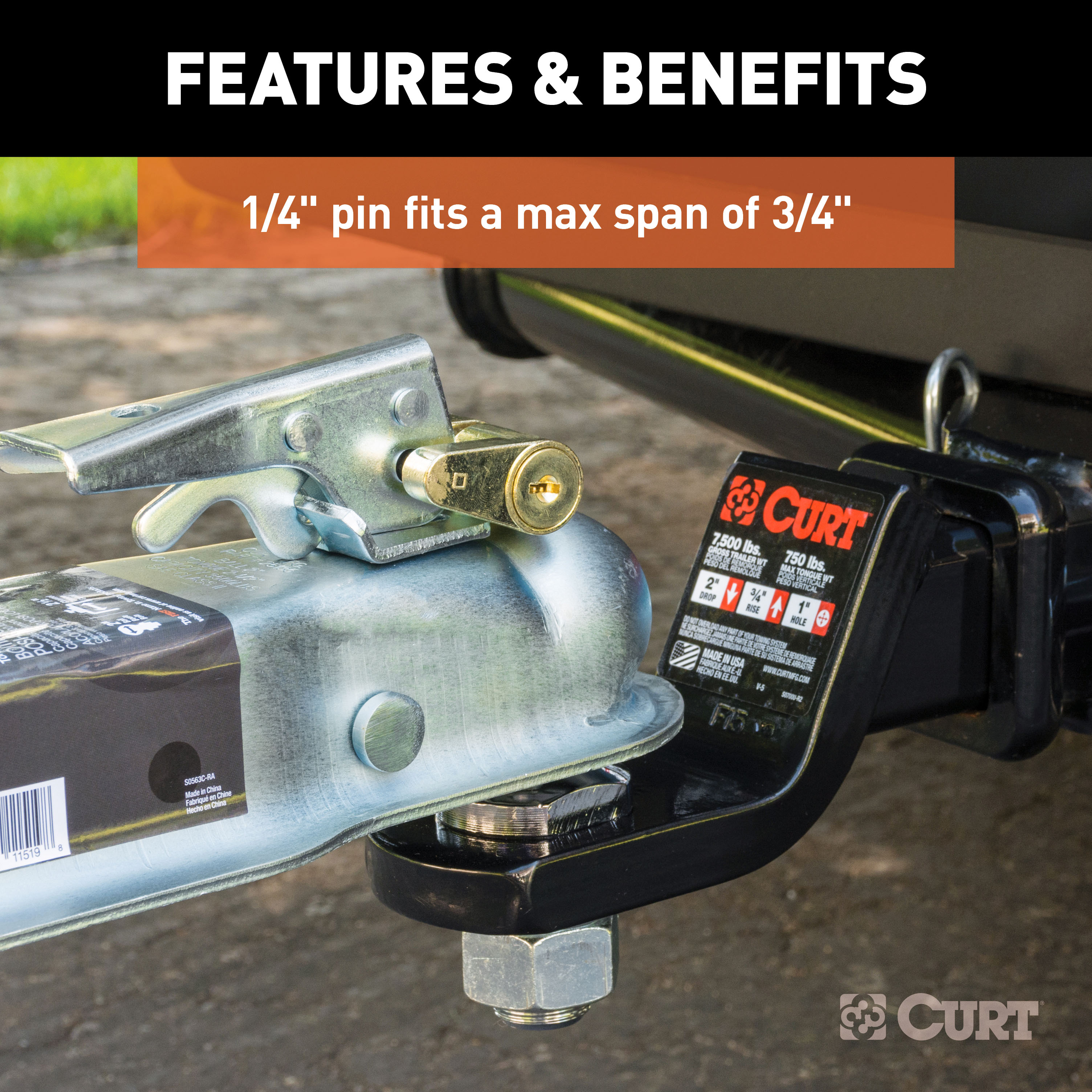 CURT Brass-Plated Steel Trailer Tongue Coupler Lock, 1/4-Inch Pin Diameter, Up to 3/4-Inch Span Model 23022