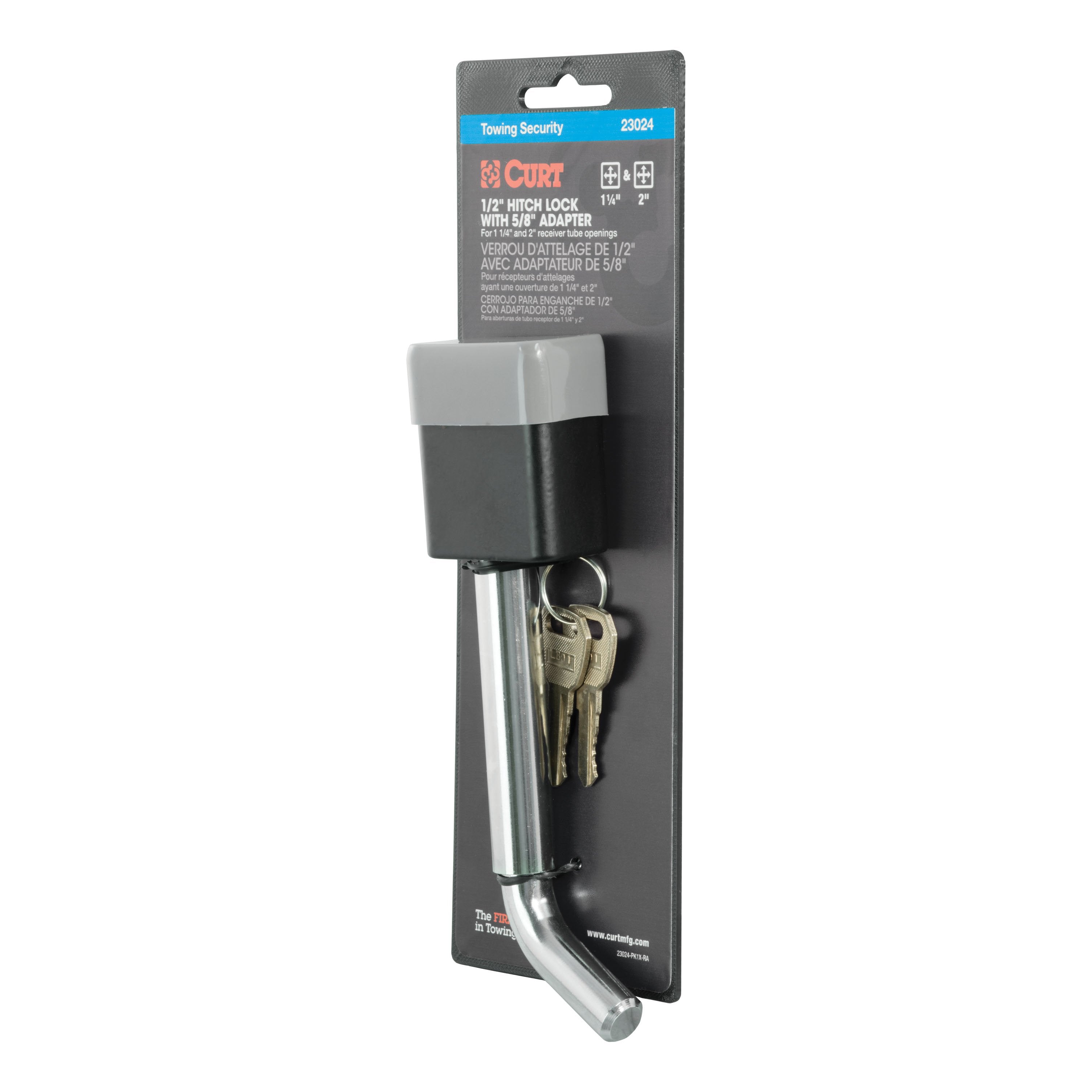 CURT Trailer Hitch Lock, 1/2-Inch Pin Diameter, 5/8-Inch Adapter, Fits 1-1/4 or 2-Inch Receiver Model 23024