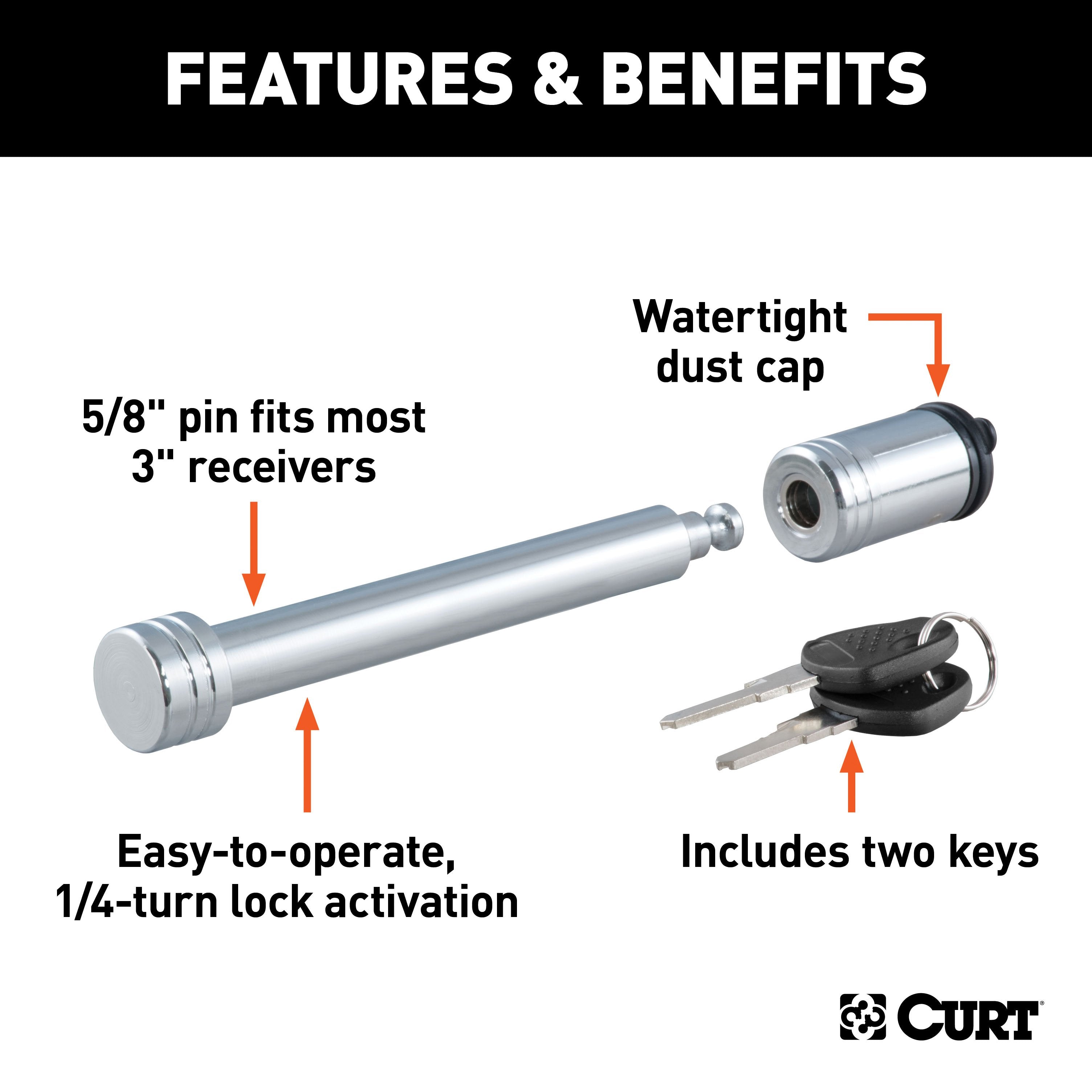 CURT Trailer Hitch Lock, 5/8-Inch Pin Diameter, Fits 3-Inch Receiver Model 23025